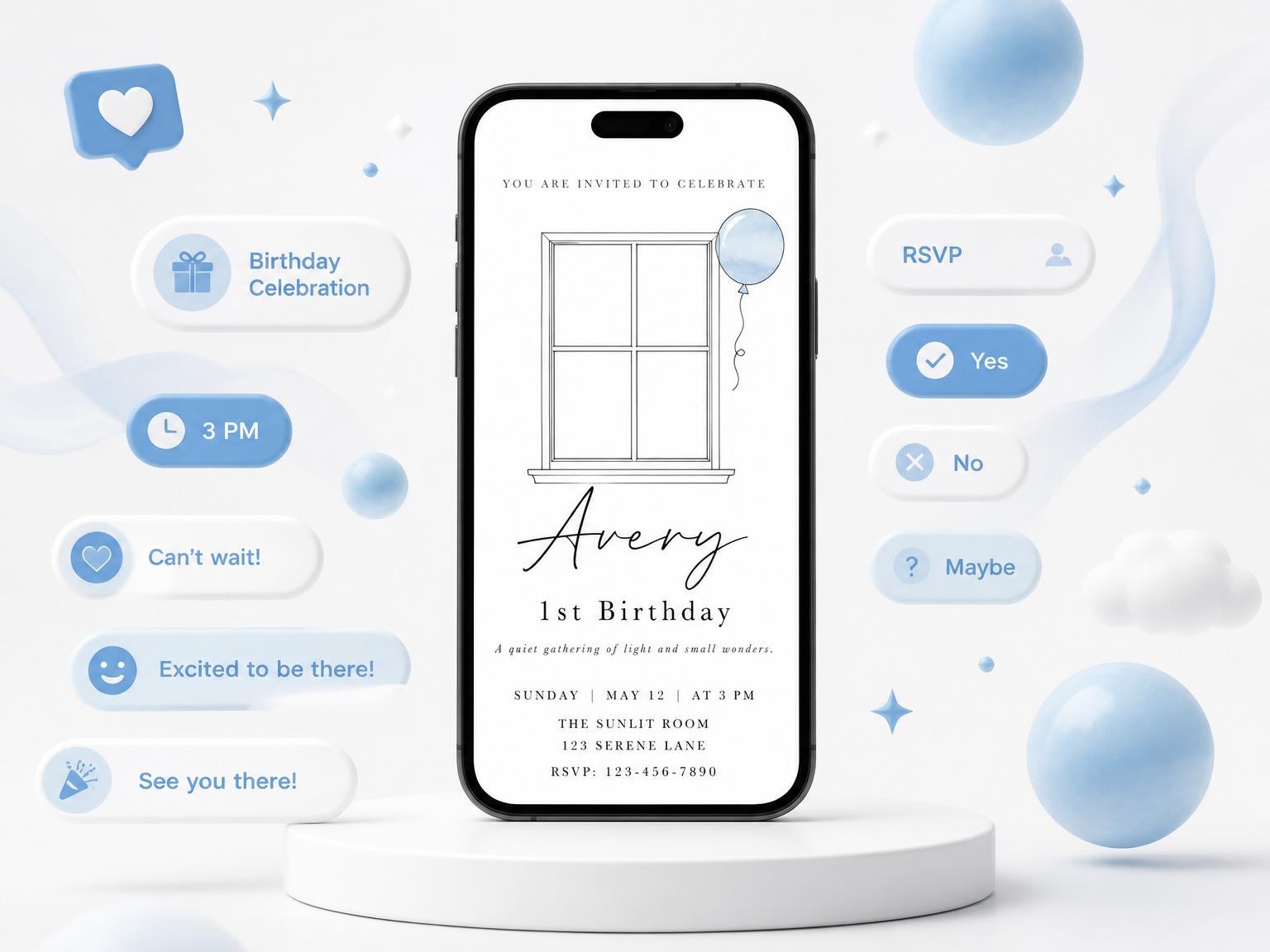 The Balloon 1st Birthday Invitation invitation on a phone, with guest RSVPs arriving around it
