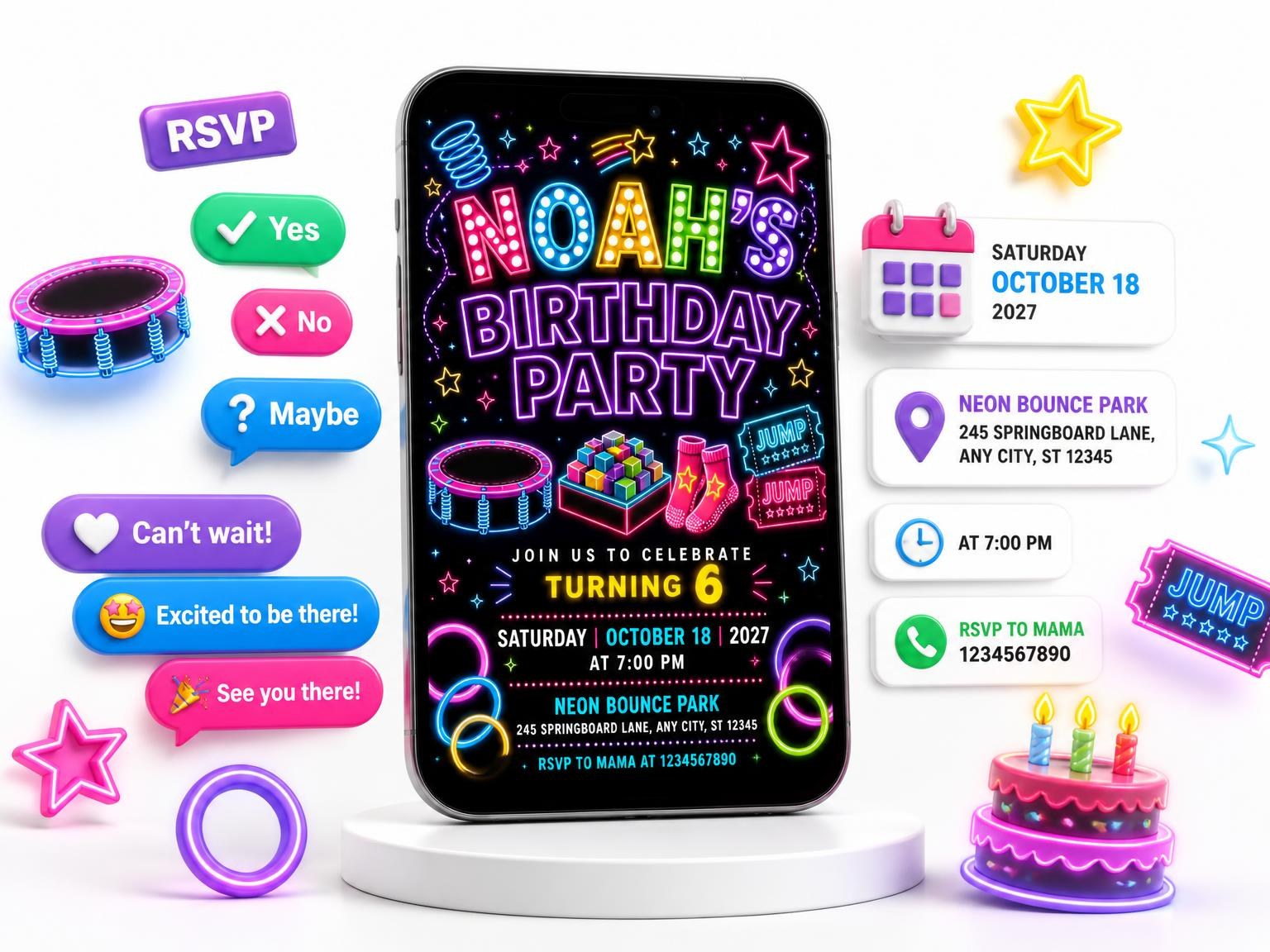 The Neon Trampoline 6th Birthday Invitation invitation on a phone, with guest RSVPs arriving around it