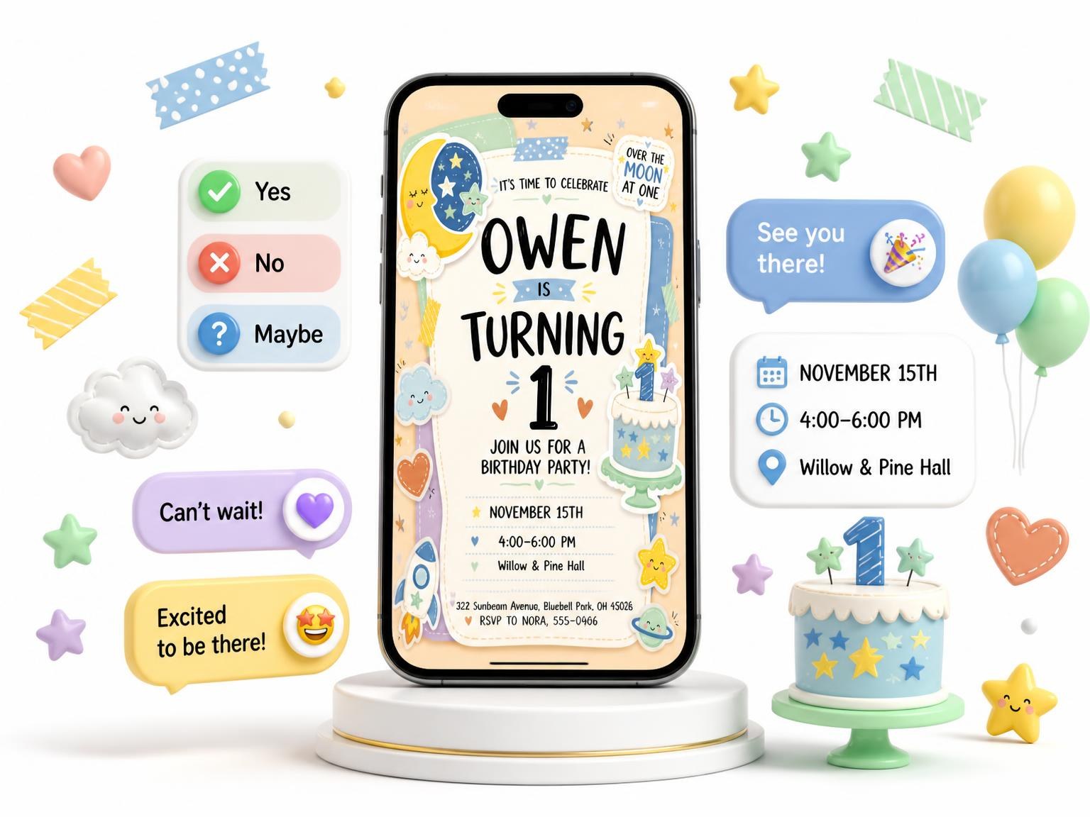 The Crescent Moon Pastel 1st Birthday Invitation invitation on a phone, with guest RSVPs arriving around it