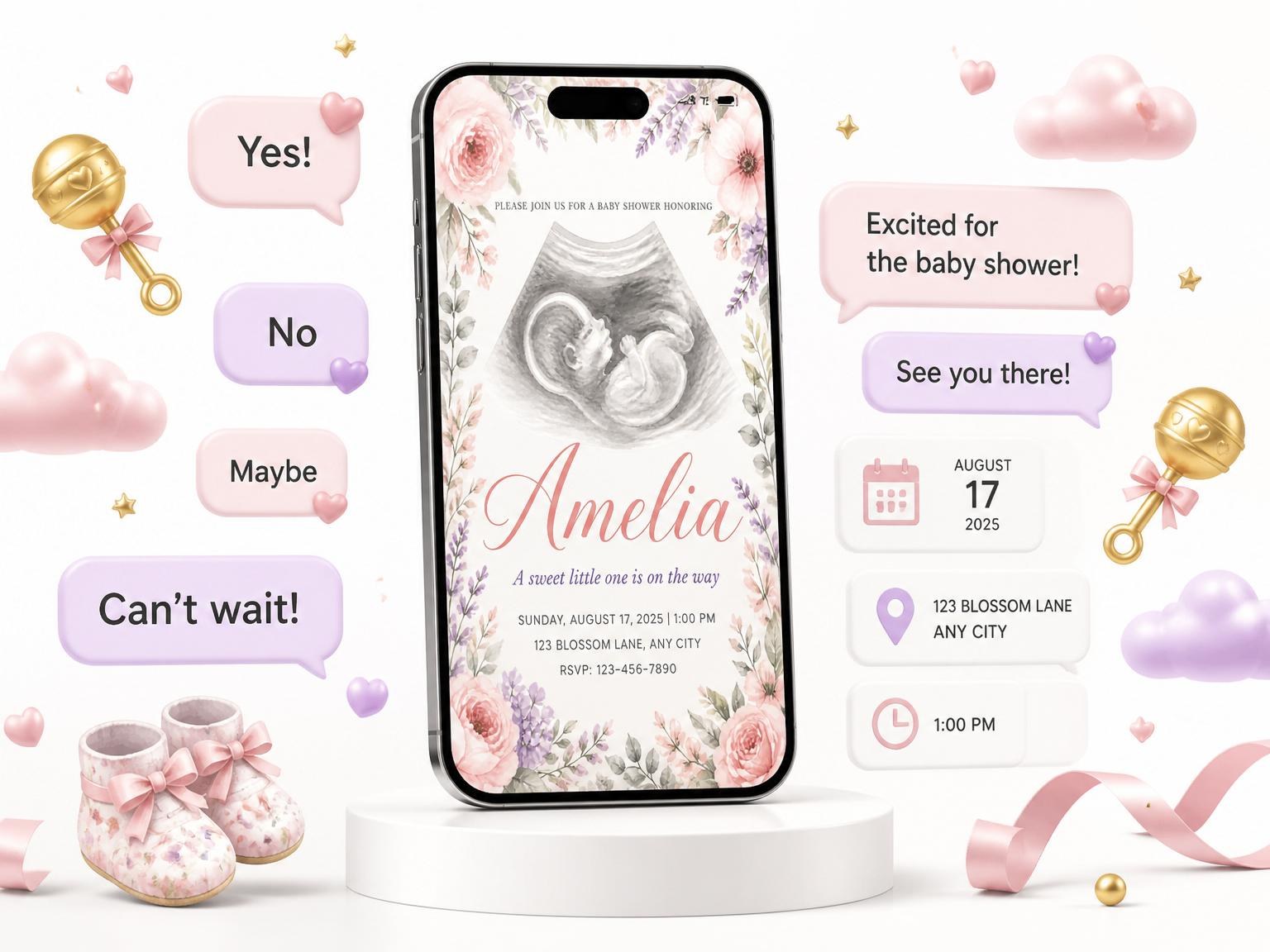 The Watercolor Floral Ultrasound Baby Shower invitation on a phone, with guest RSVPs arriving around it