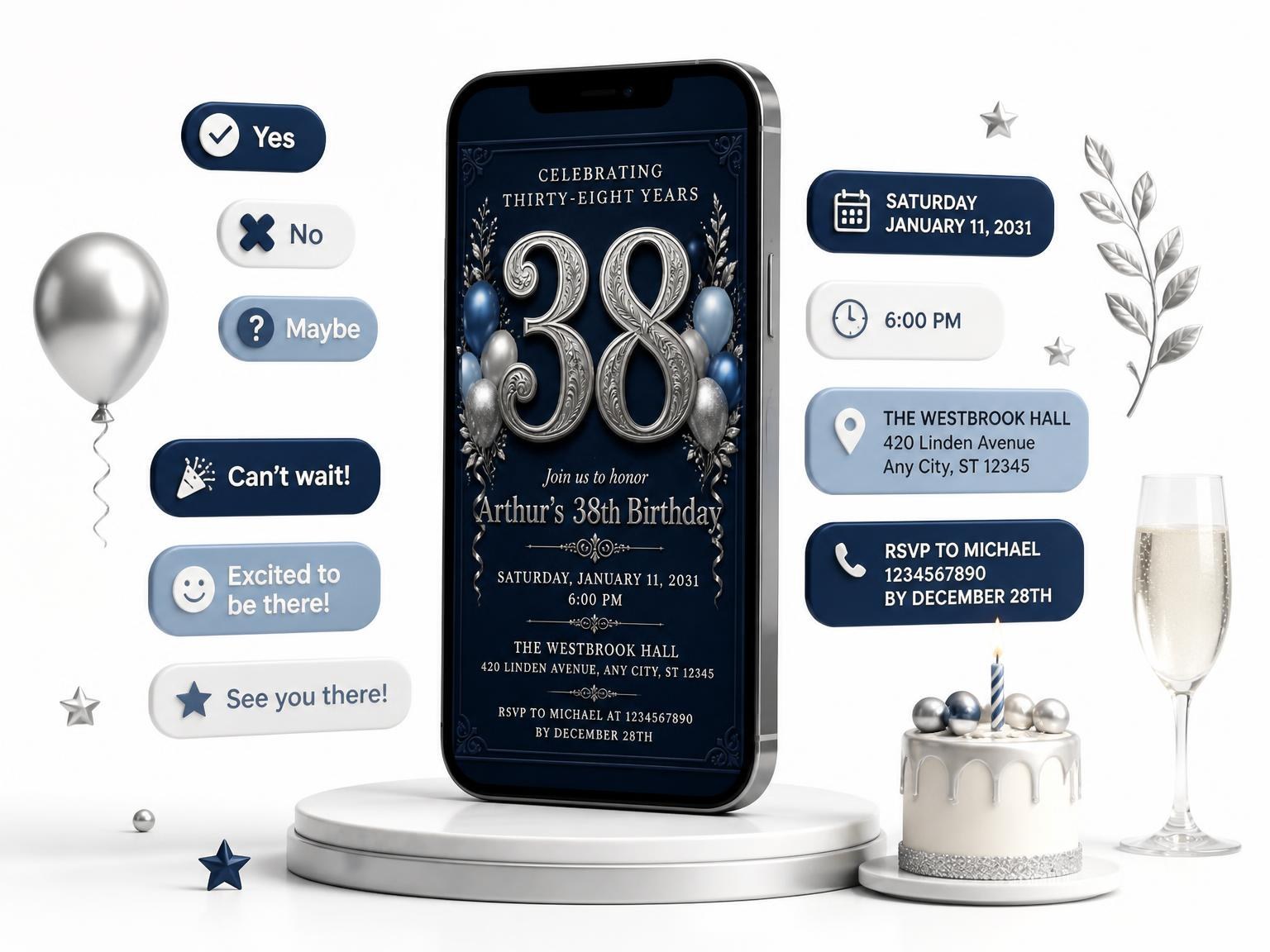 The Navy and Silver 38th Birthday Invitation invitation on a phone, with guest RSVPs arriving around it