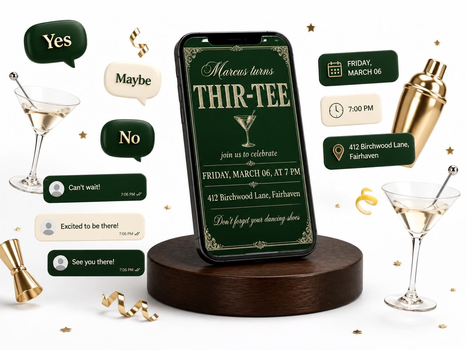 The Gold Martini Forest 30th Birthday Invitation invitation on a phone, with guest RSVPs arriving around it