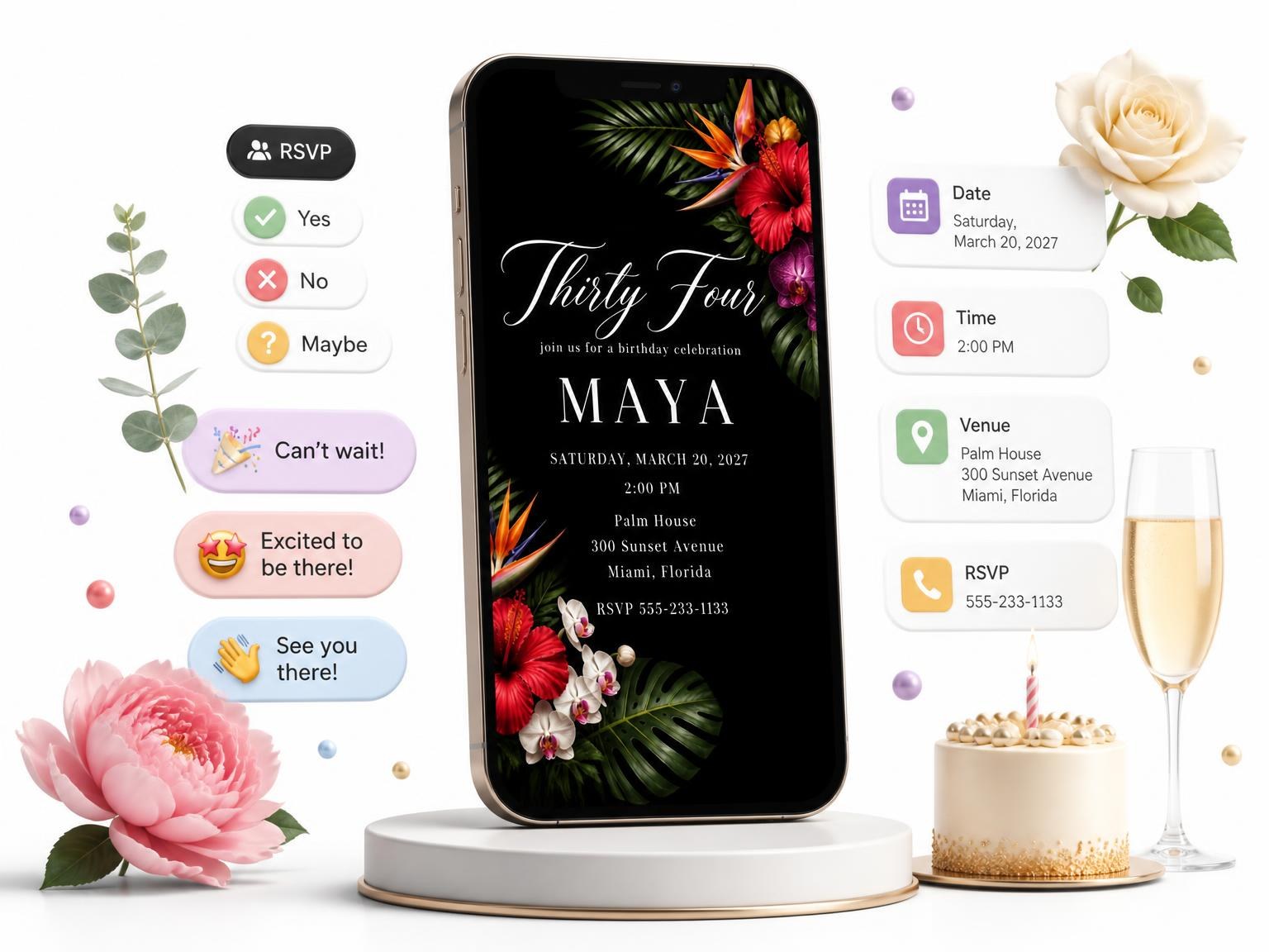 The Black Floral 34th Birthday Invitation invitation on a phone, with guest RSVPs arriving around it