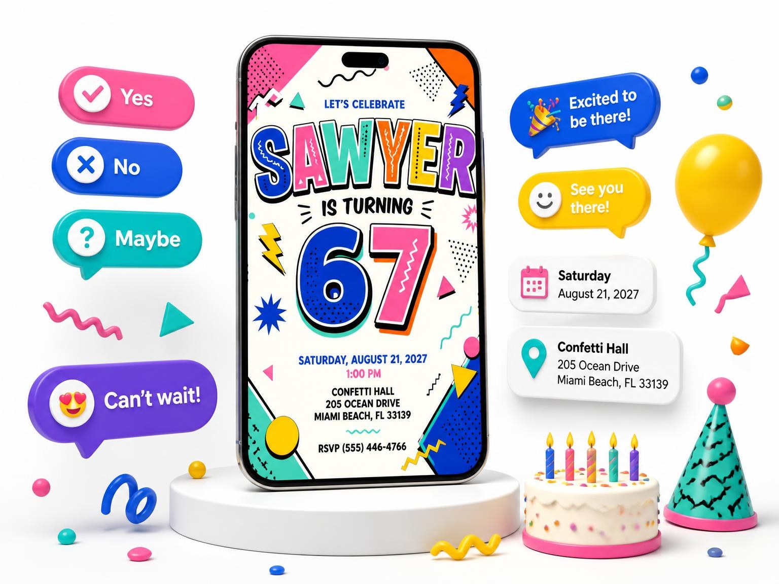 The Memphis Pop 67th Birthday Invitation invitation on a phone, with guest RSVPs arriving around it