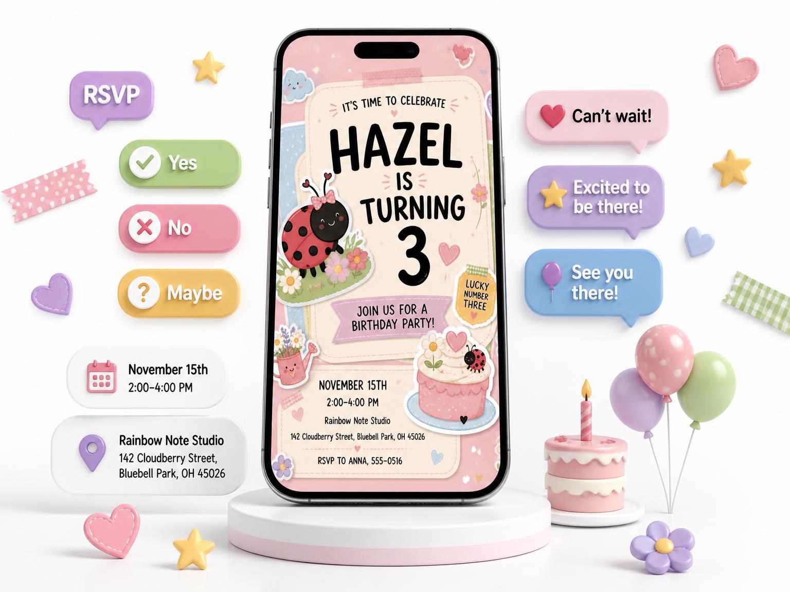 The Ladybug Pastel 3rd Birthday Invitation invitation on a phone, with guest RSVPs arriving around it
