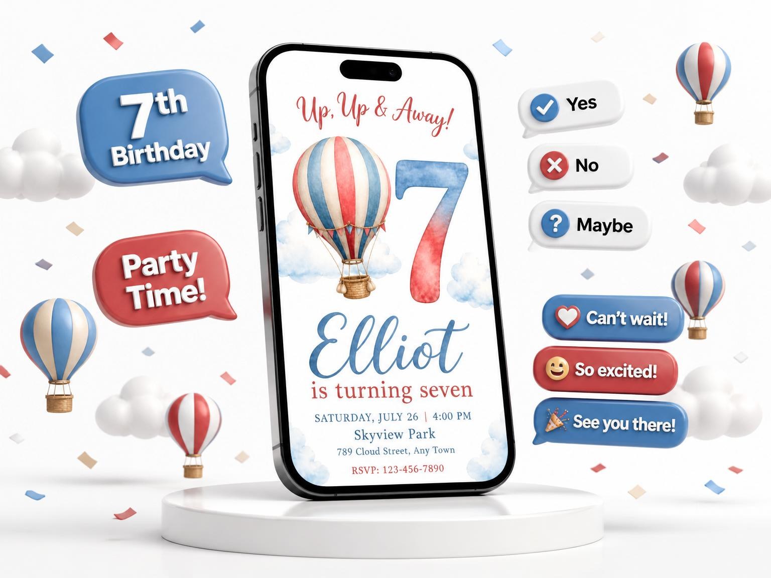 The Watercolor Hot Air Balloon 7th Birthday invitation on a phone, with guest RSVPs arriving around it