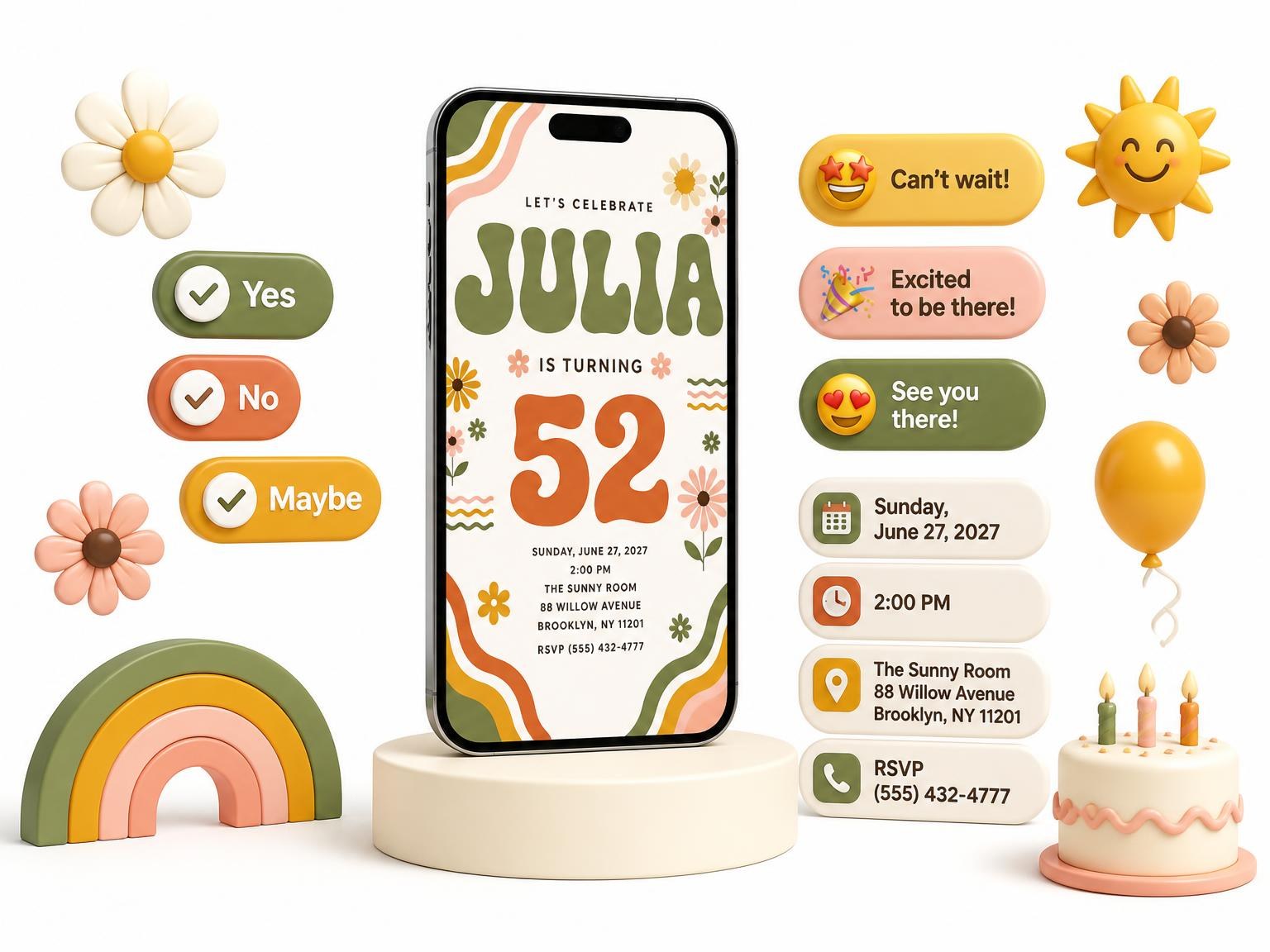 The Groovy Retro 52nd Birthday Invitation invitation on a phone, with guest RSVPs arriving around it