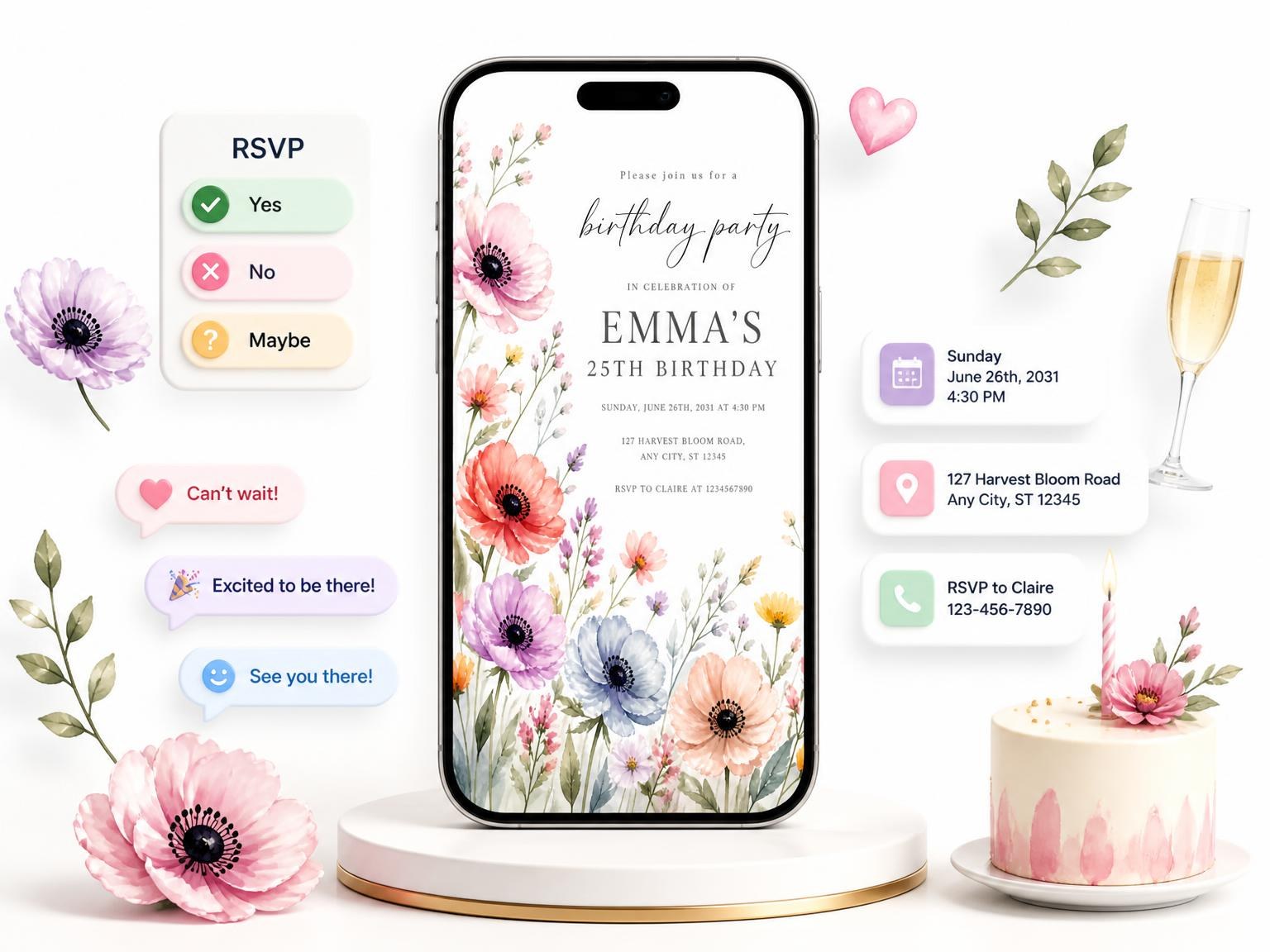 The Pastel Floral Meadow 25th Birthday Invitation invitation on a phone, with guest RSVPs arriving around it