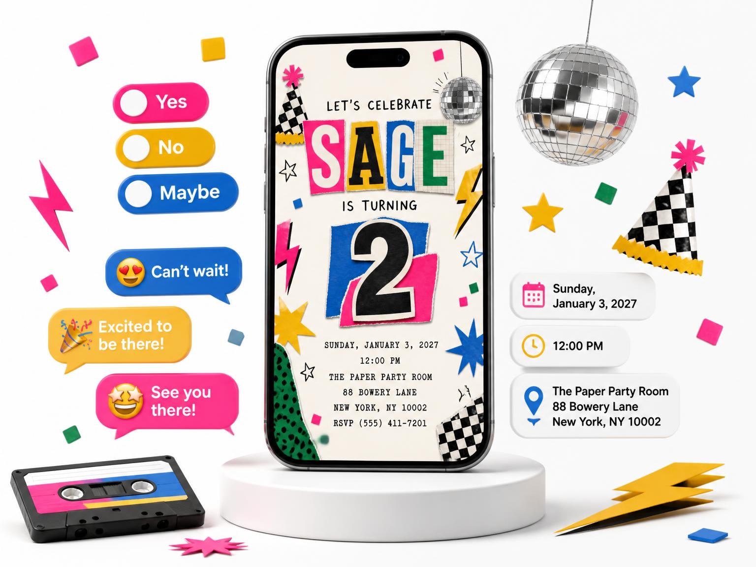 The Retro Paper Collage 2nd Birthday Invitation invitation on a phone, with guest RSVPs arriving around it