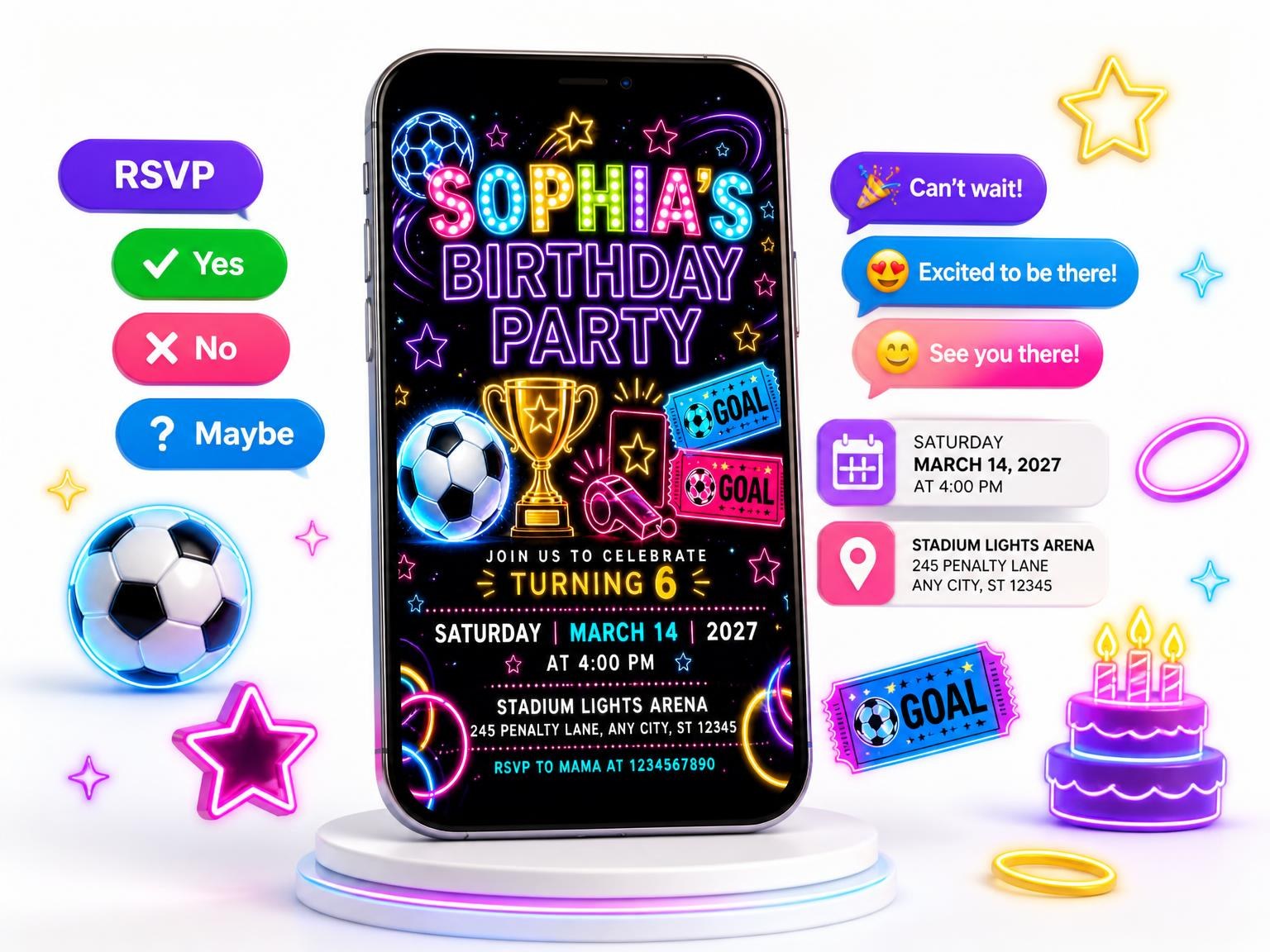 The Neon Soccer 6th Birthday Invitation invitation on a phone, with guest RSVPs arriving around it