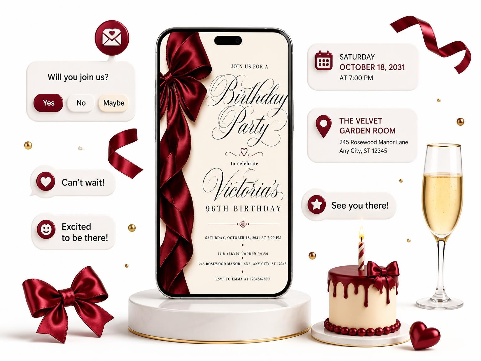 The Burgundy Satin Bow 96th Birthday Invitation invitation on a phone, with guest RSVPs arriving around it