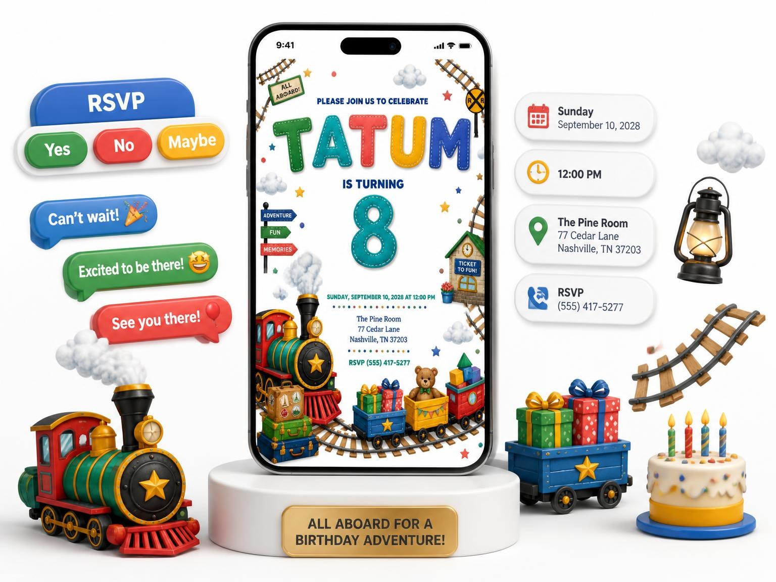 The Stitched Train 8th Birthday Invitation invitation on a phone, with guest RSVPs arriving around it
