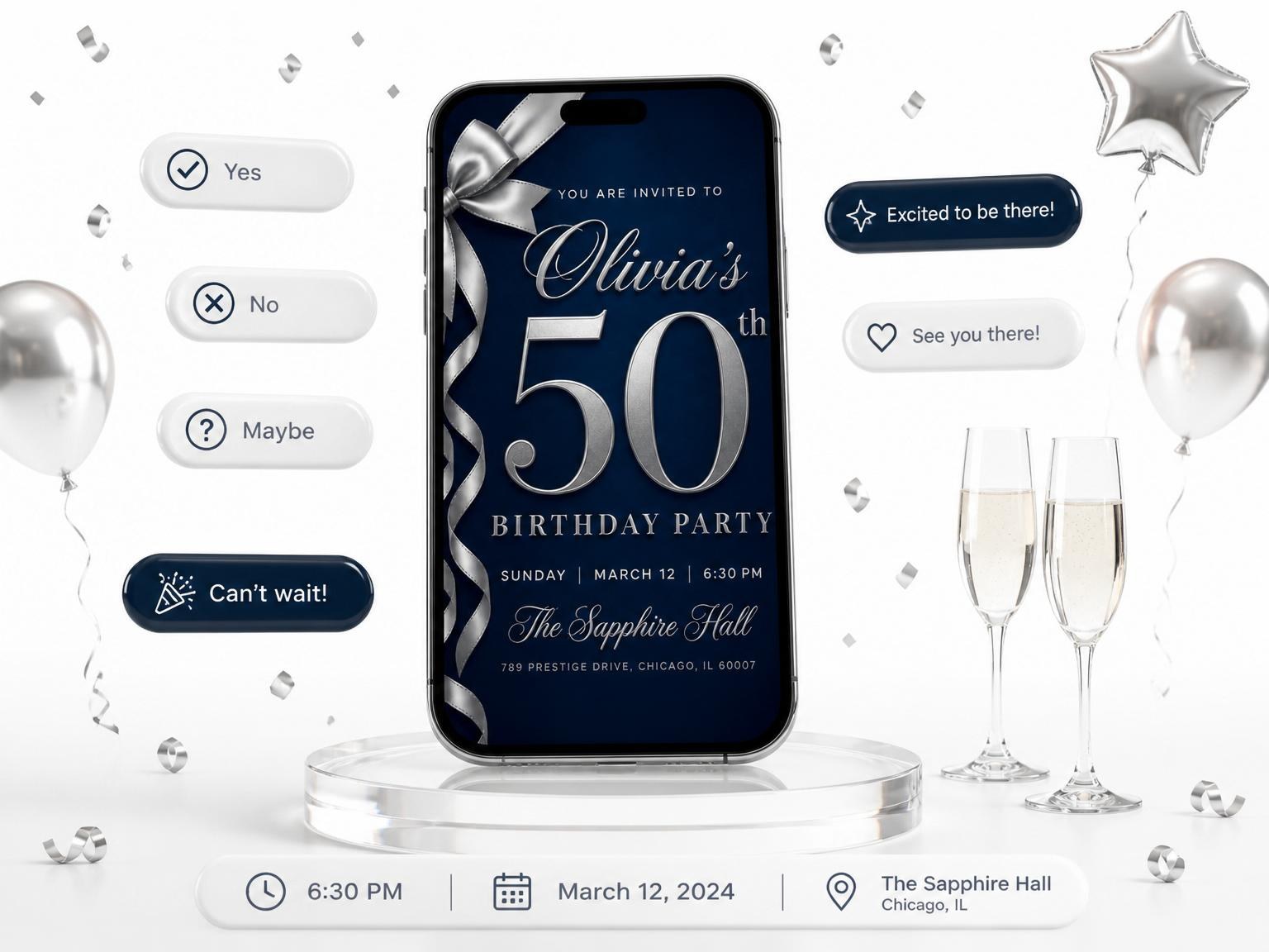 The Navy Silver Ribbon 50th Birthday invitation on a phone, with guest RSVPs arriving around it