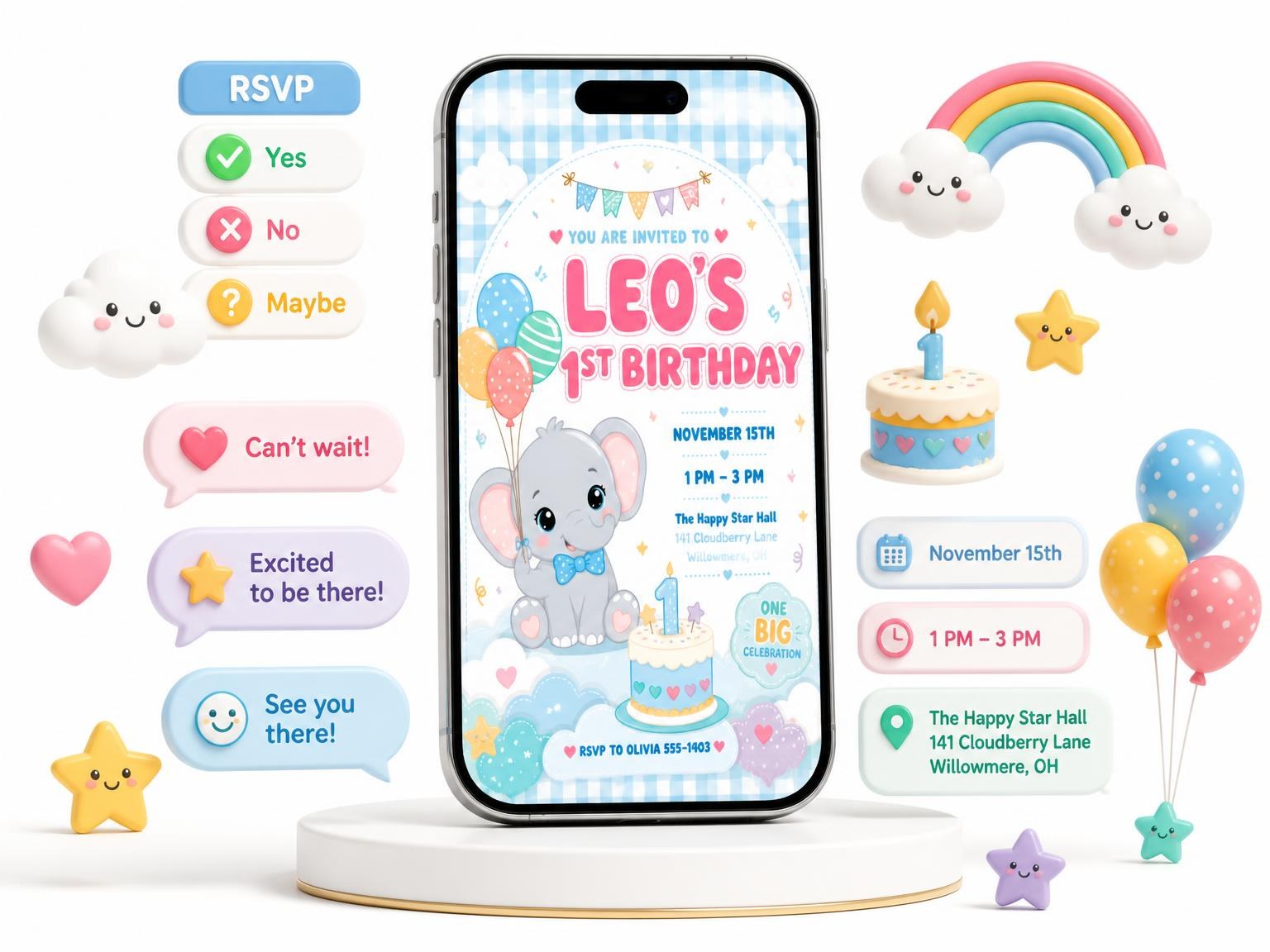 The Balloon Bunch Kawaii 1st Birthday Invitation invitation on a phone, with guest RSVPs arriving around it