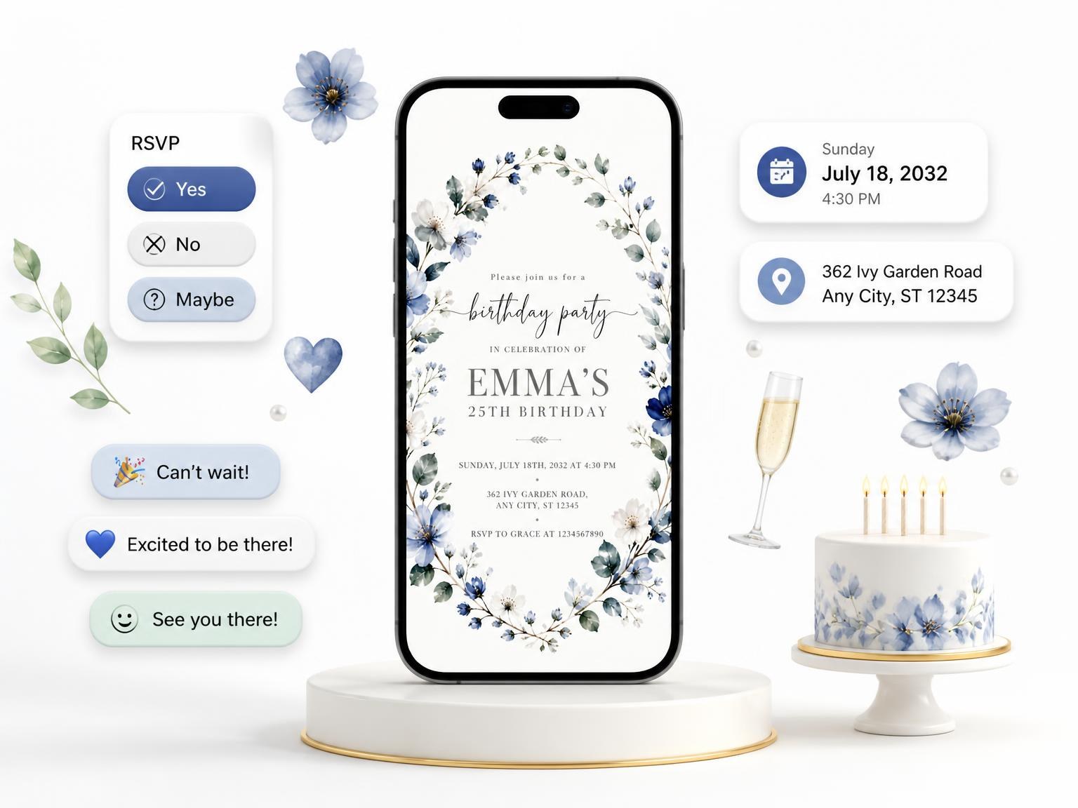 The Dusty Blue Floral Wreath 25th Birthday Invitation invitation on a phone, with guest RSVPs arriving around it