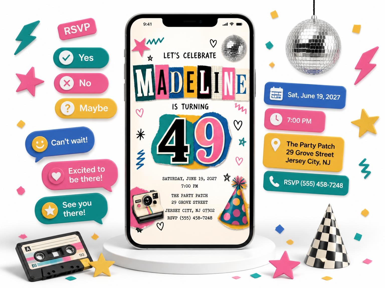 The Retro Paper Collage 49th Birthday Invitation invitation on a phone, with guest RSVPs arriving around it