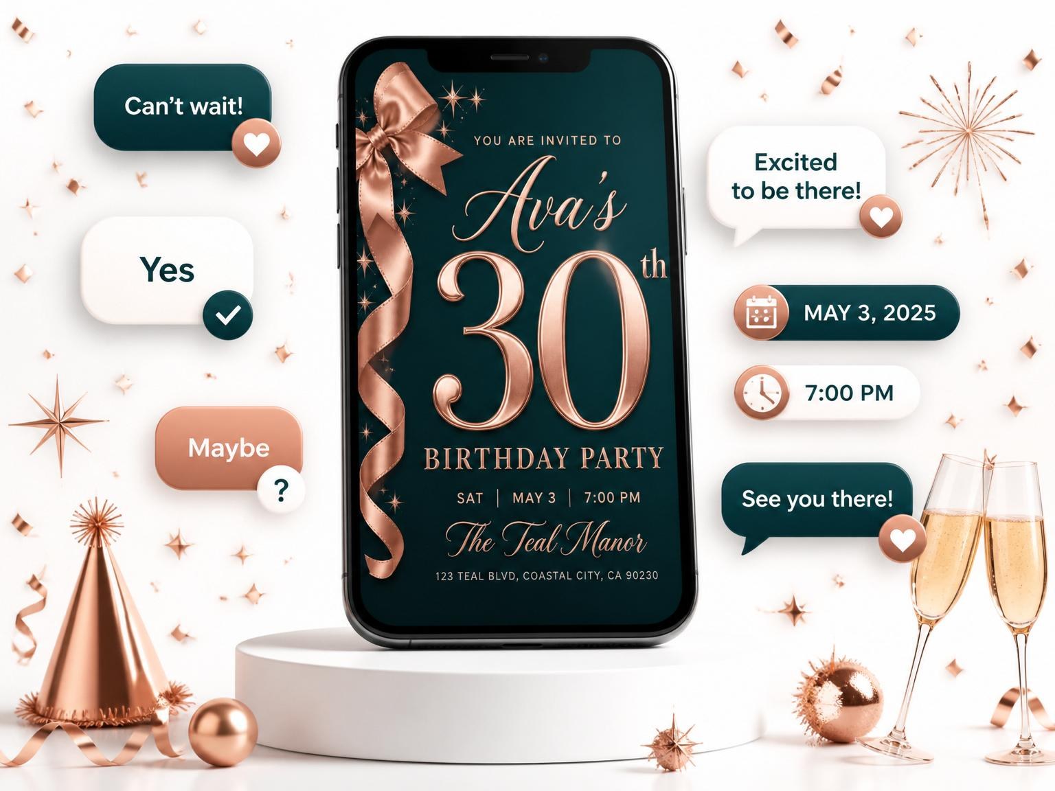 The Rose Gold Ribbon 30th Birthday invitation on a phone, with guest RSVPs arriving around it