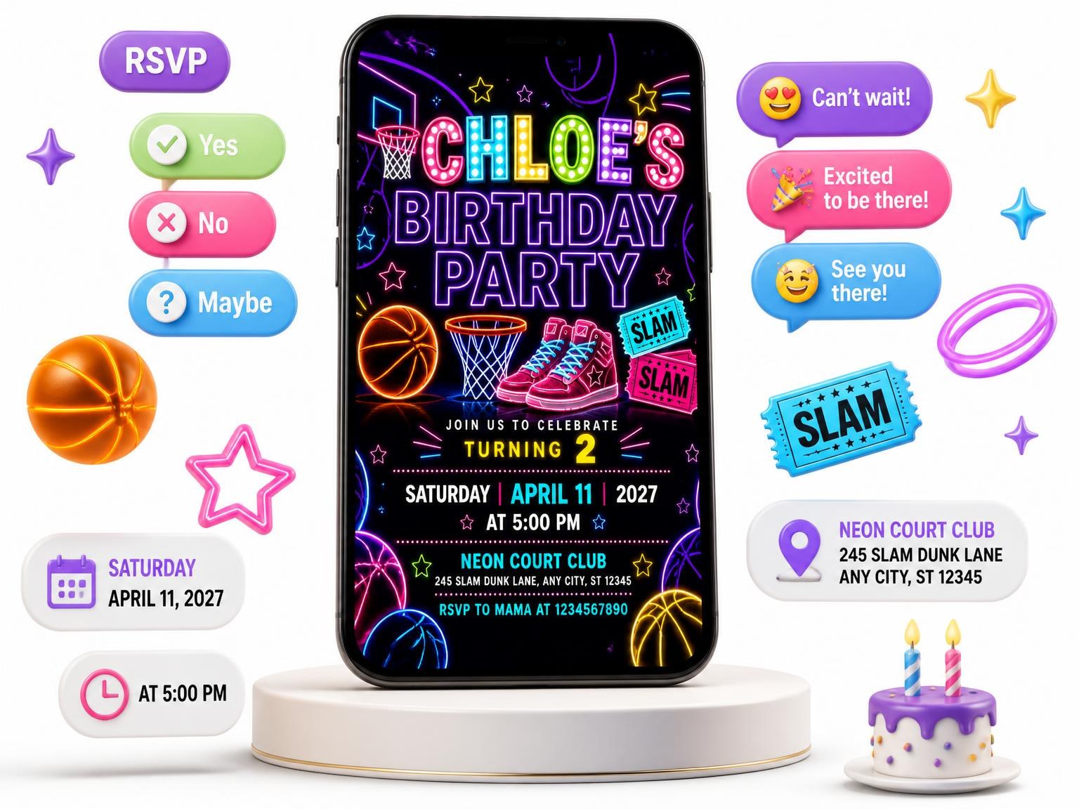 The Neon Basketball 2nd Birthday Invitation invitation on a phone, with guest RSVPs arriving around it