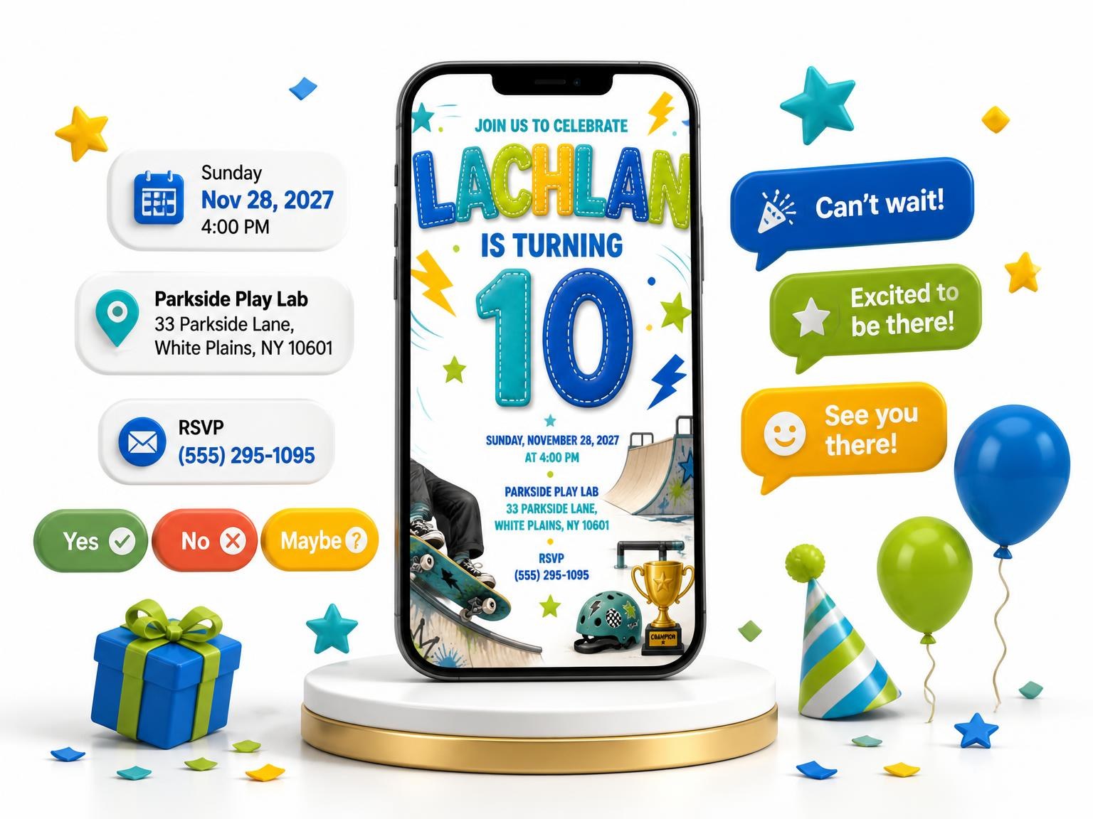 The Skate Half Stitched 10th Birthday Invitation invitation on a phone, with guest RSVPs arriving around it