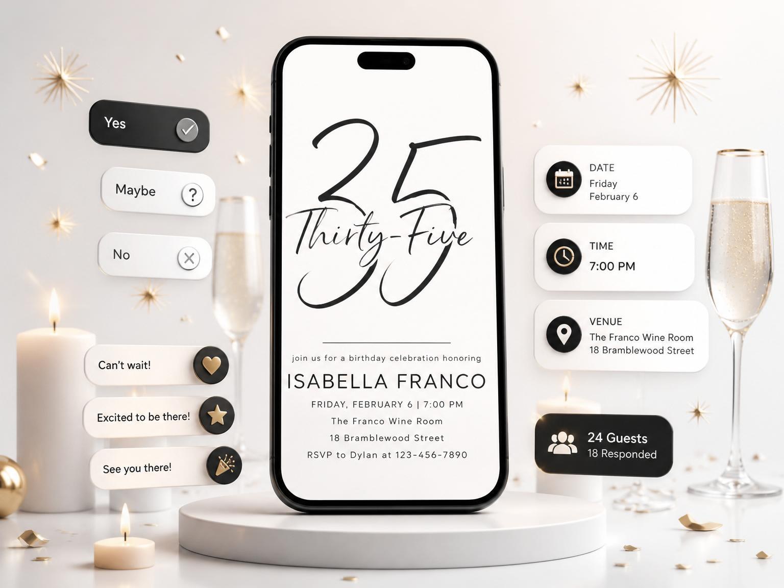 The Minimalist Script Milestone Birthday Invitation invitation on a phone, with guest RSVPs arriving around it