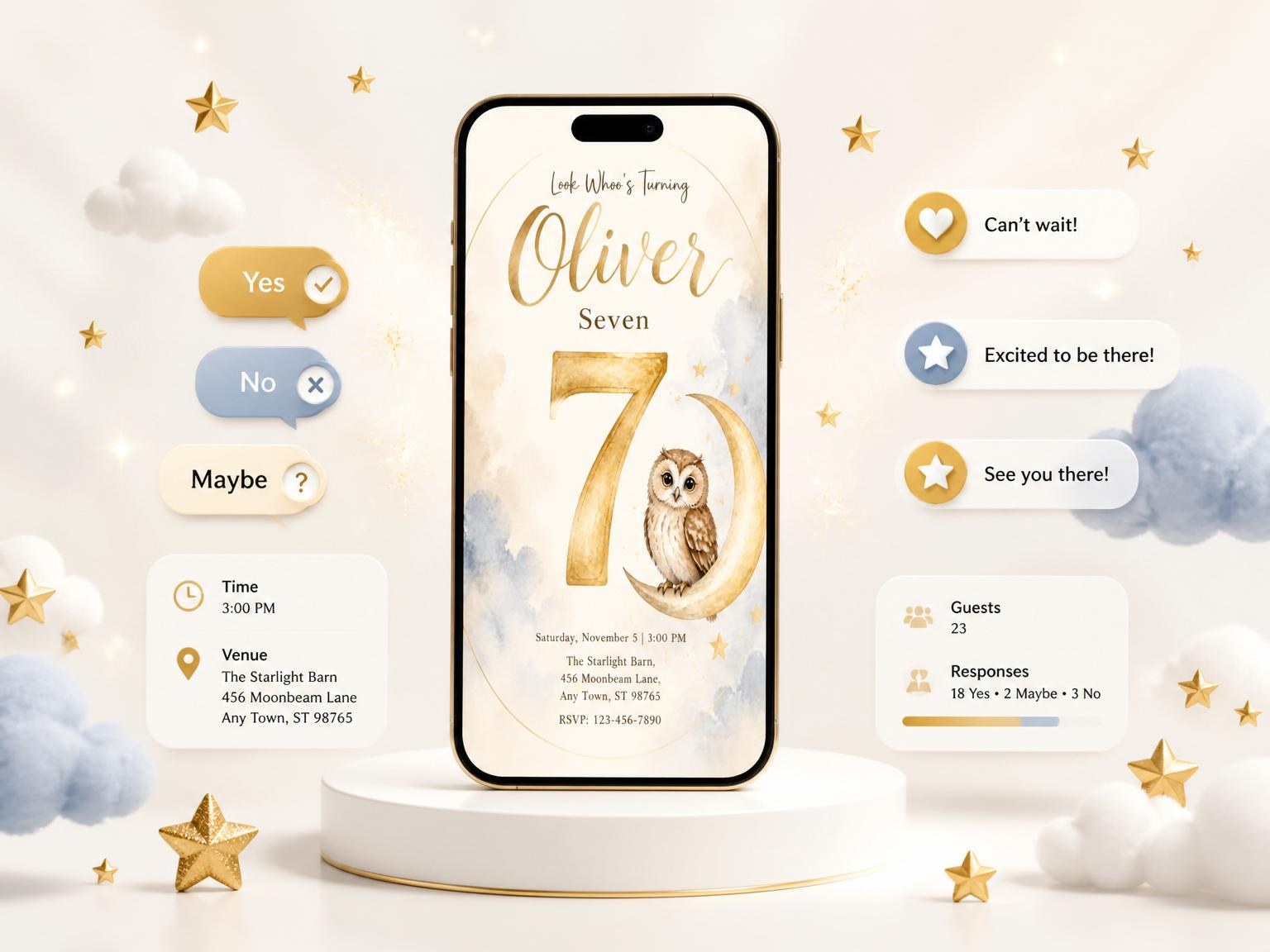 The Watercolor Crescent Moon Owl 7th Birthday invitation on a phone, with guest RSVPs arriving around it