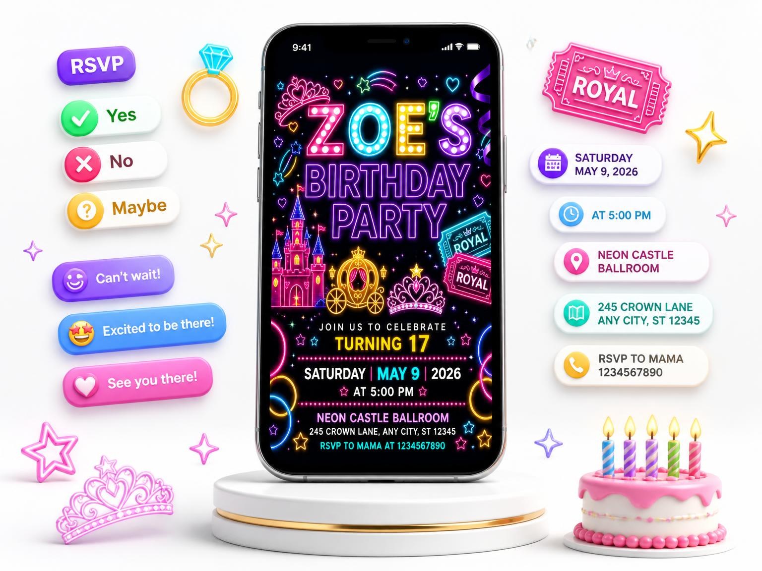 The Neon Princess 17th Birthday Invitation invitation on a phone, with guest RSVPs arriving around it