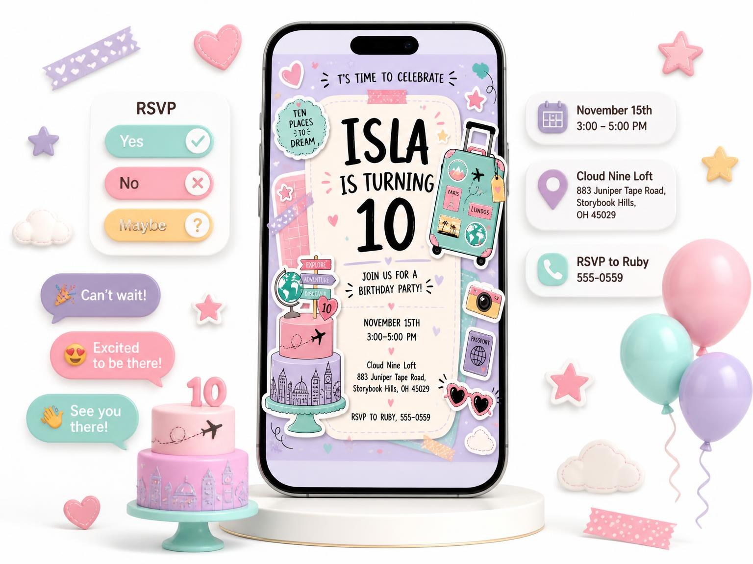 The Travel Suitcase Pastel 10th Birthday Invitation invitation on a phone, with guest RSVPs arriving around it