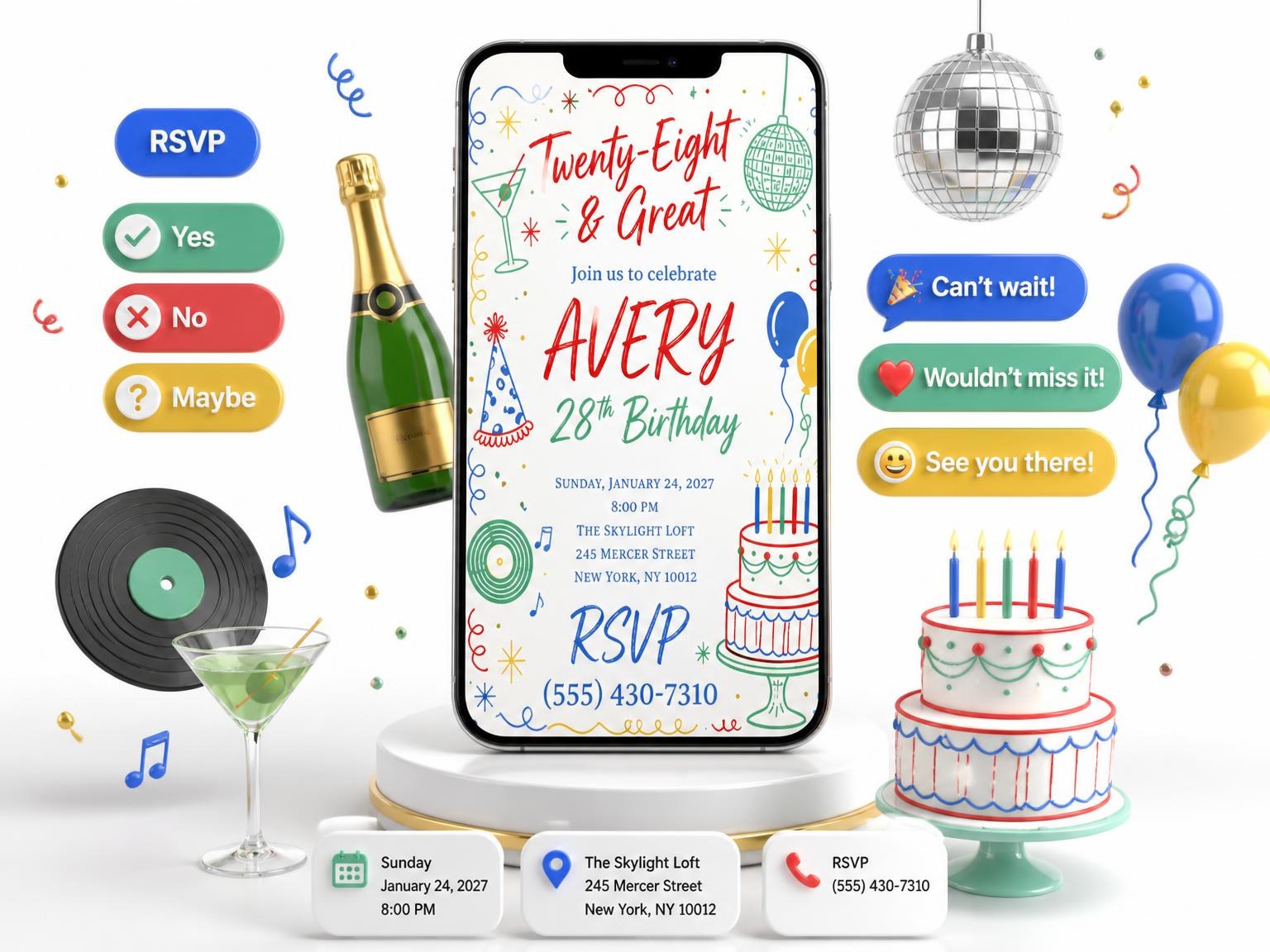 The Retro Doodle 28th Birthday Invitation invitation on a phone, with guest RSVPs arriving around it