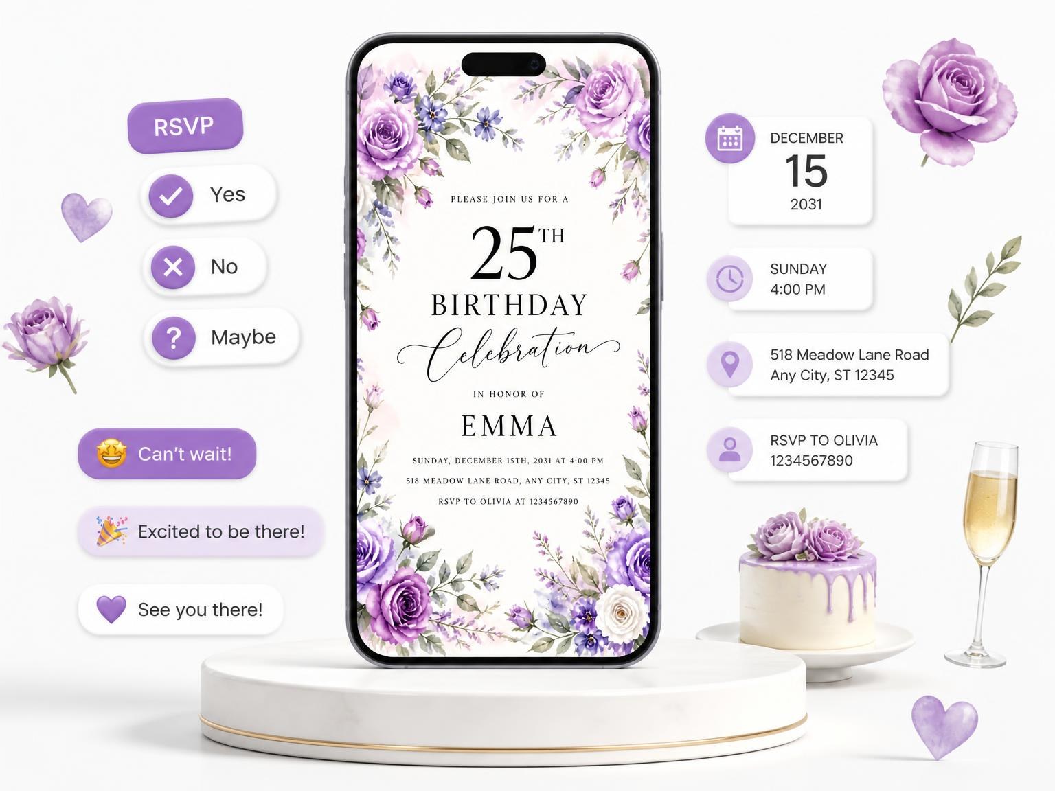 The Lavender Rose Floral 25th Birthday Invitation invitation on a phone, with guest RSVPs arriving around it