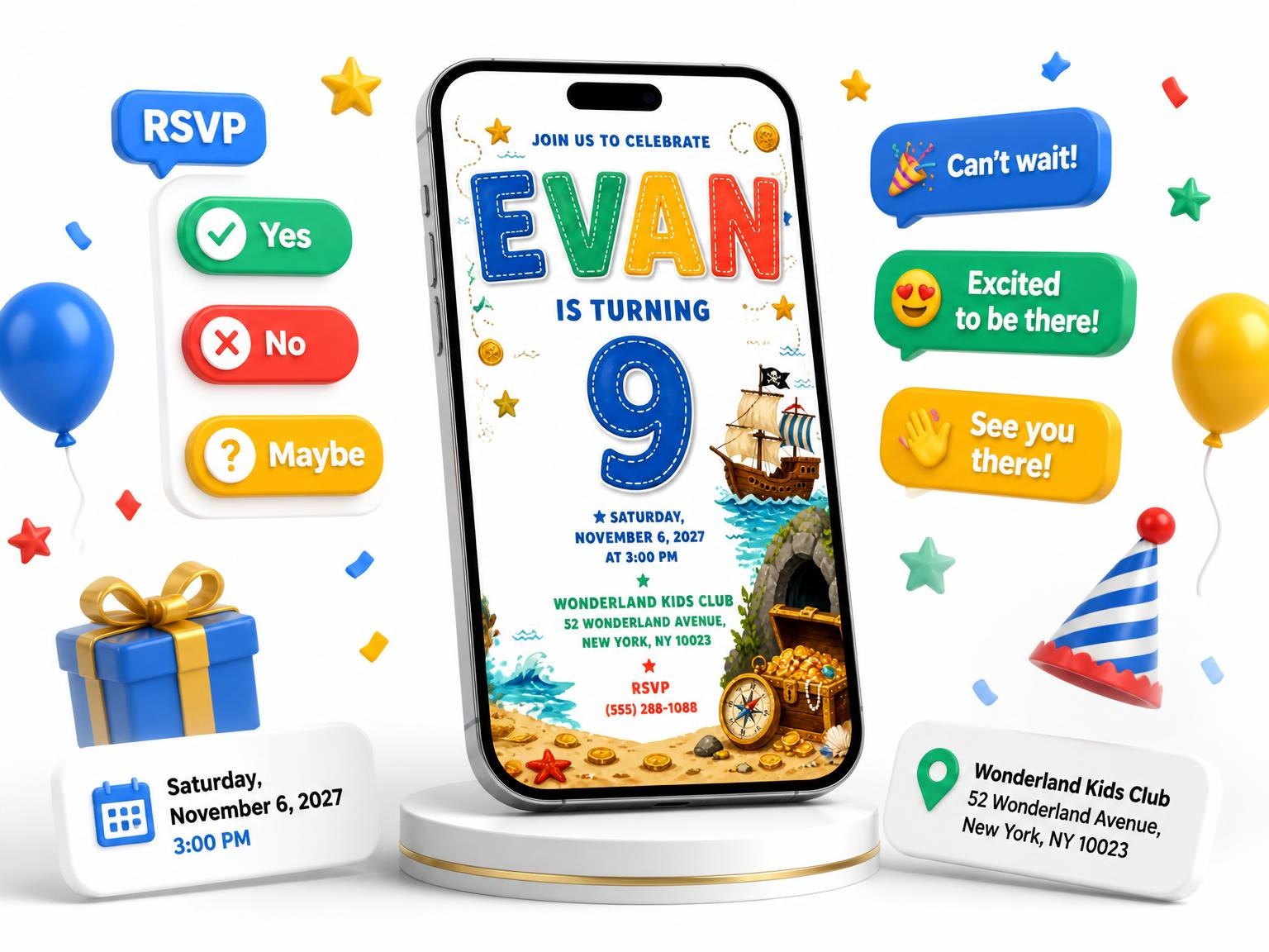 The Ship Cave Stitched 9th Birthday Invitation invitation on a phone, with guest RSVPs arriving around it
