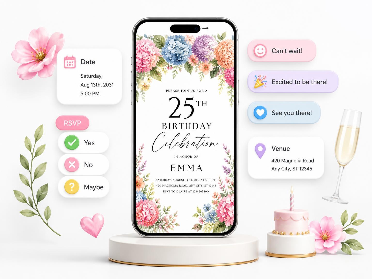 The Pastel Blossoms Foliage 25th Birthday Invitation invitation on a phone, with guest RSVPs arriving around it