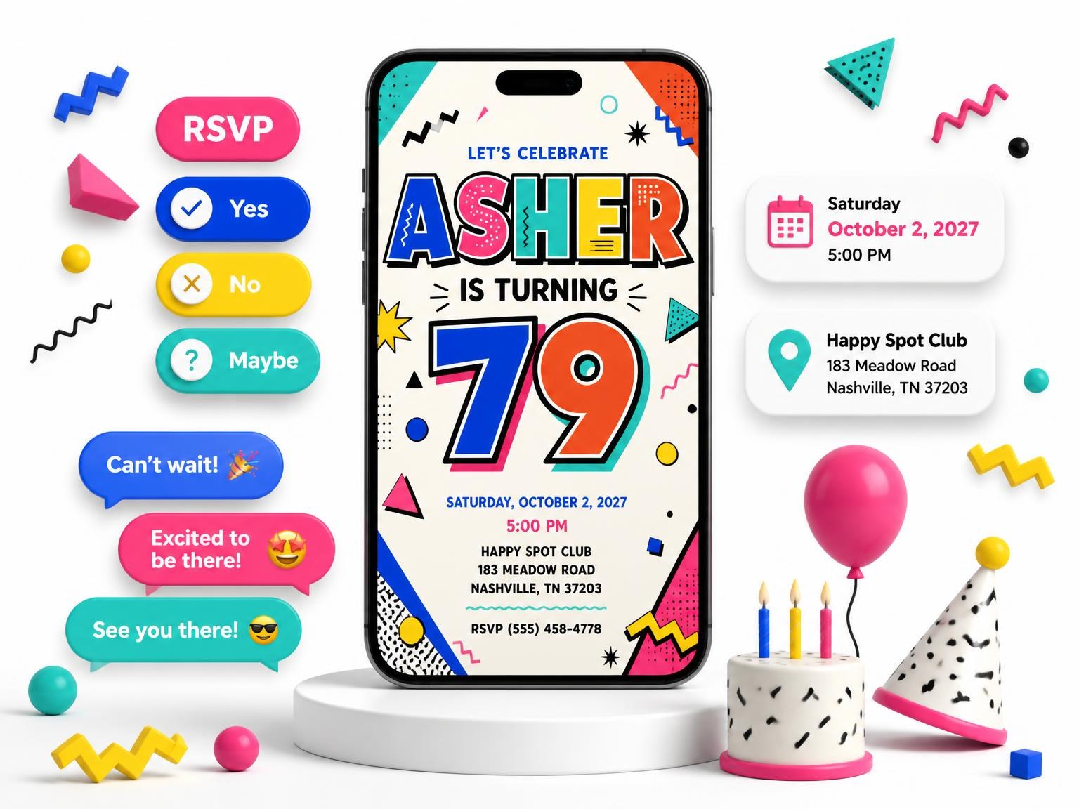 The Memphis Pop 79th Birthday Invitation invitation on a phone, with guest RSVPs arriving around it