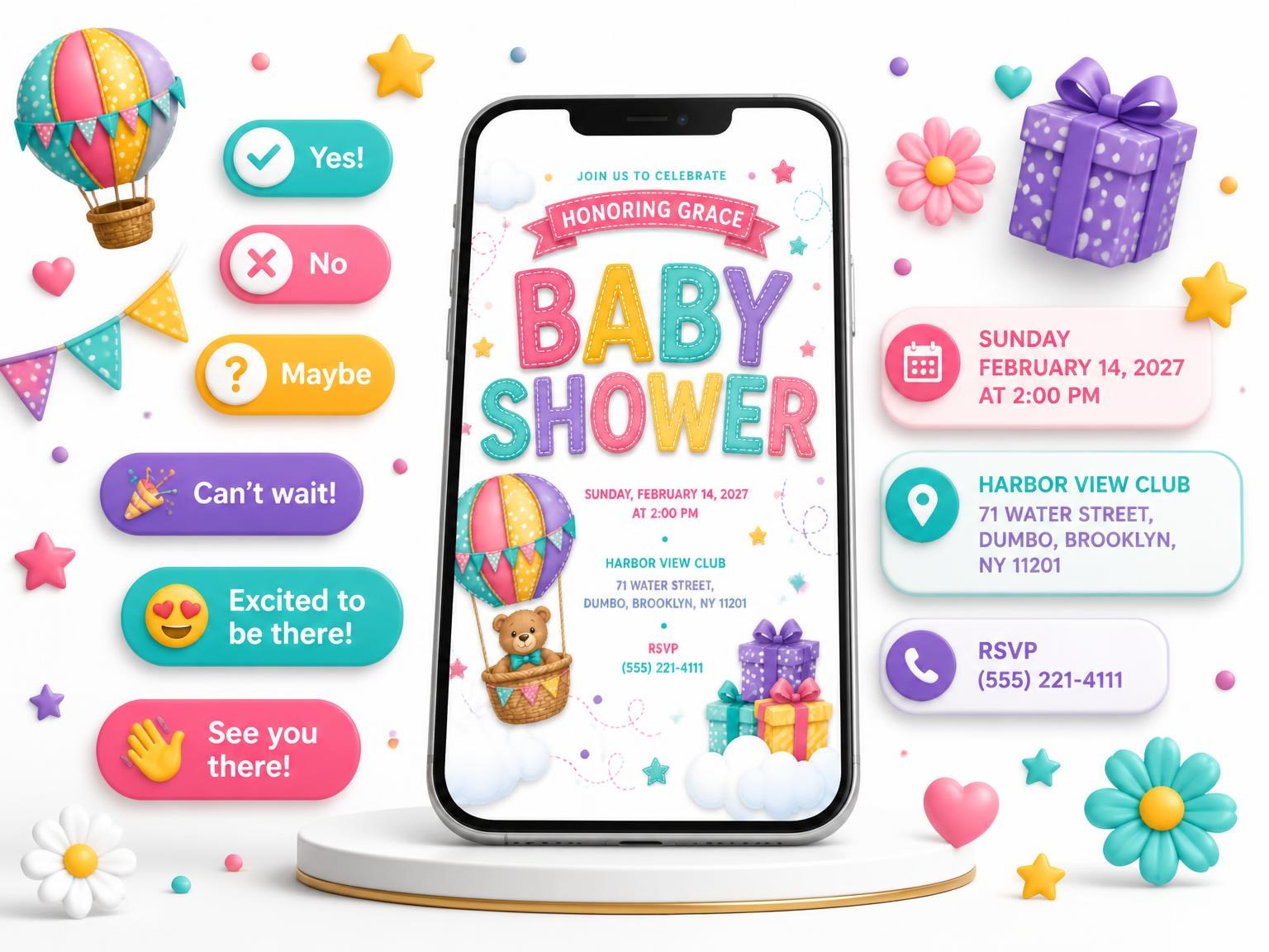 The Hot Air Baby Shower Invitation invitation on a phone, with guest RSVPs arriving around it