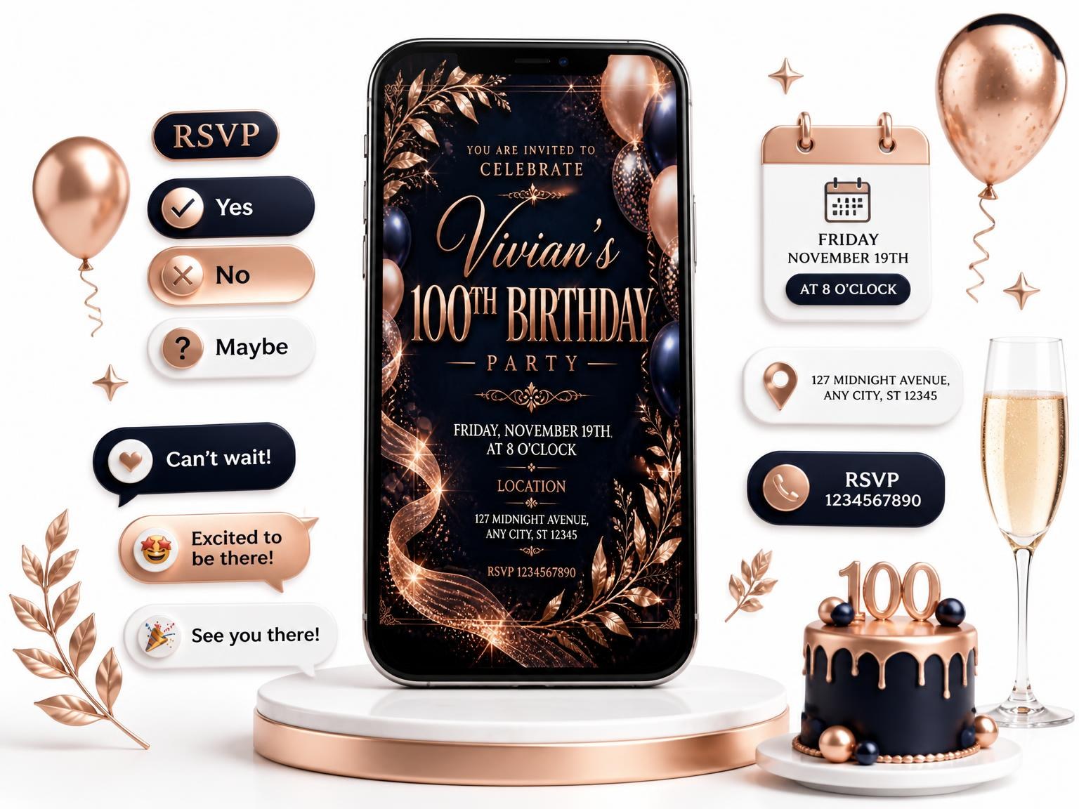 The Navy and Rose Gold 100th Birthday Invitation invitation on a phone, with guest RSVPs arriving around it