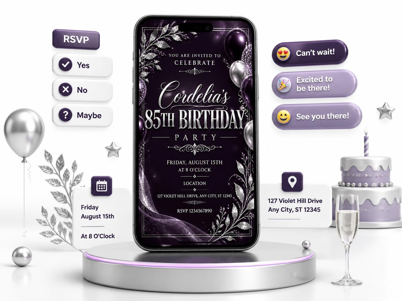 The Plum and Silver 85th Birthday Invitation invitation on a phone, with guest RSVPs arriving around it