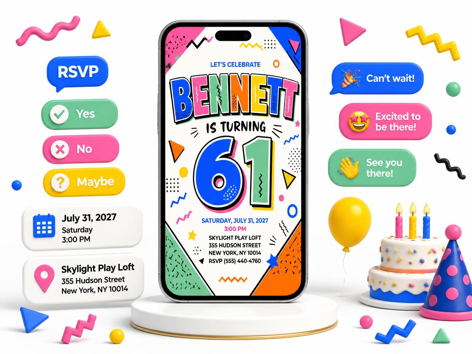 The Memphis Pop 61st Birthday Invitation invitation on a phone, with guest RSVPs arriving around it
