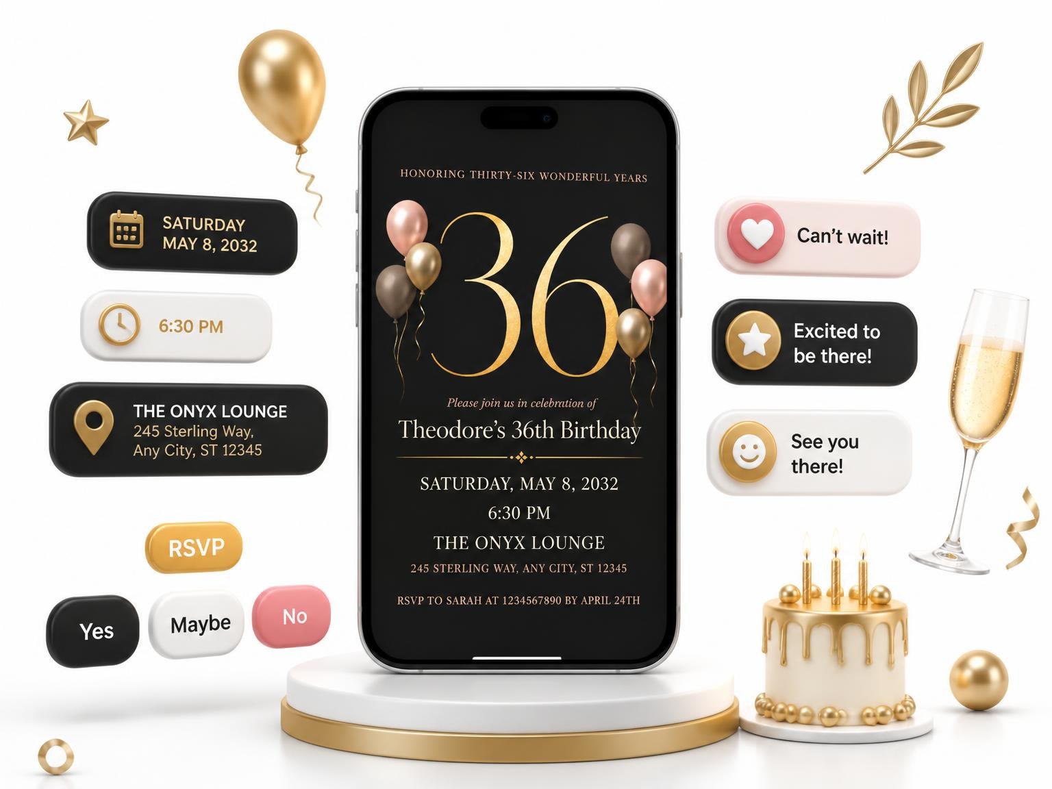 The Charcoal and Blush 36th Birthday Invitation invitation on a phone, with guest RSVPs arriving around it