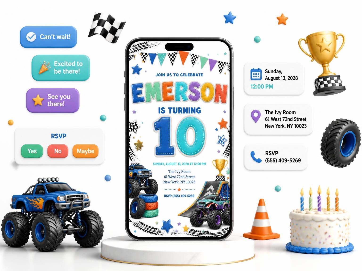 The Stitched Monster Truck 10th Birthday Invitation invitation on a phone, with guest RSVPs arriving around it