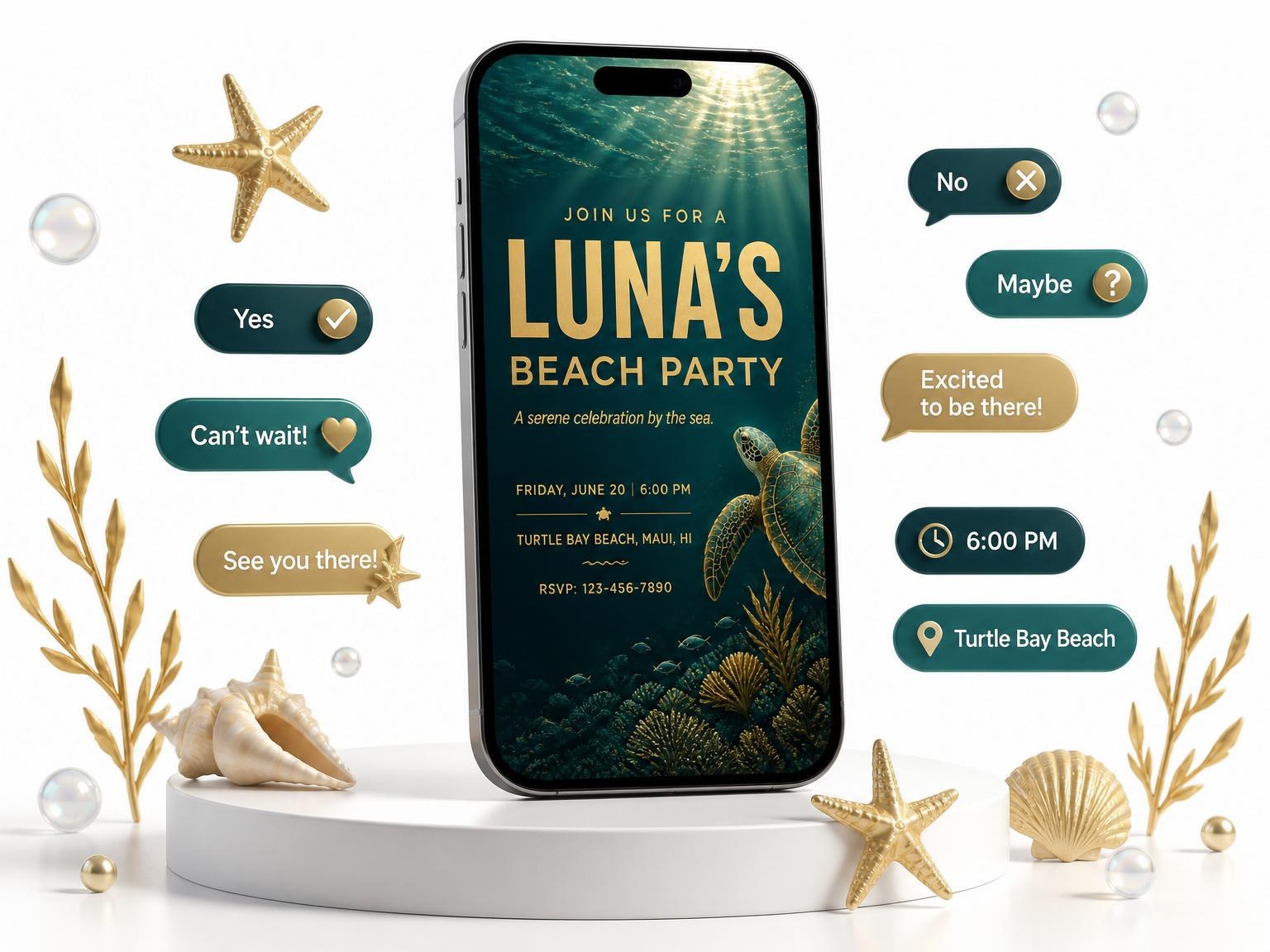 The Teal Sea Turtle Beach Party invitation on a phone, with guest RSVPs arriving around it