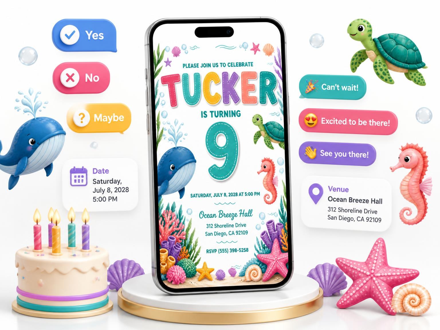 The Stitched Under the Sea 9th Birthday Invitation invitation on a phone, with guest RSVPs arriving around it