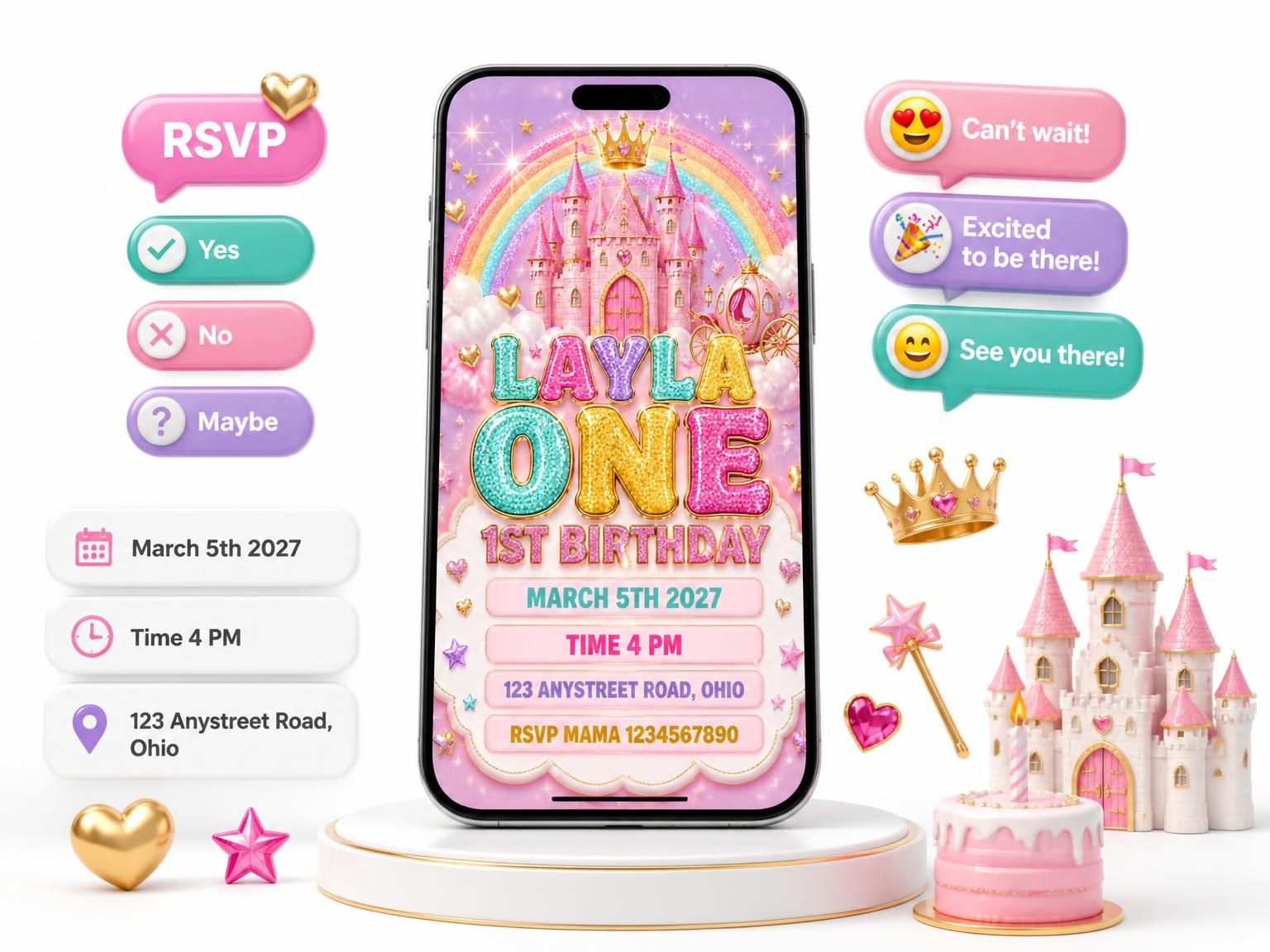The Glitter Princess Castle 1st Birthday Invitation invitation on a phone, with guest RSVPs arriving around it