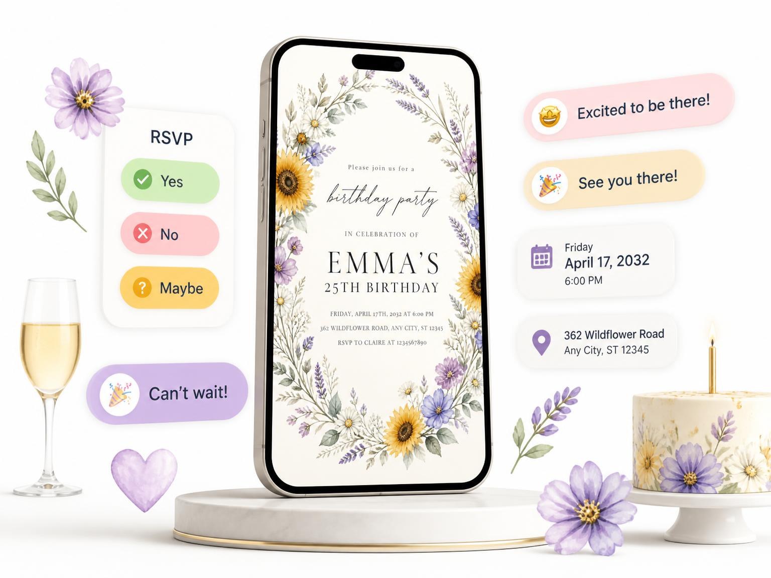 The Wildflower Wreath Lavender 25th Birthday Invitation invitation on a phone, with guest RSVPs arriving around it