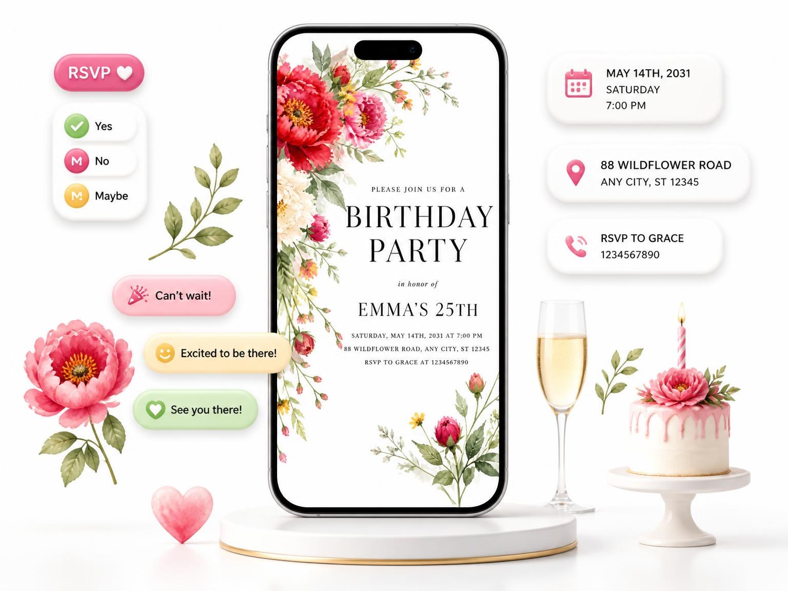 The Botanical Bouquet Scarlet 25th Birthday Invitation invitation on a phone, with guest RSVPs arriving around it