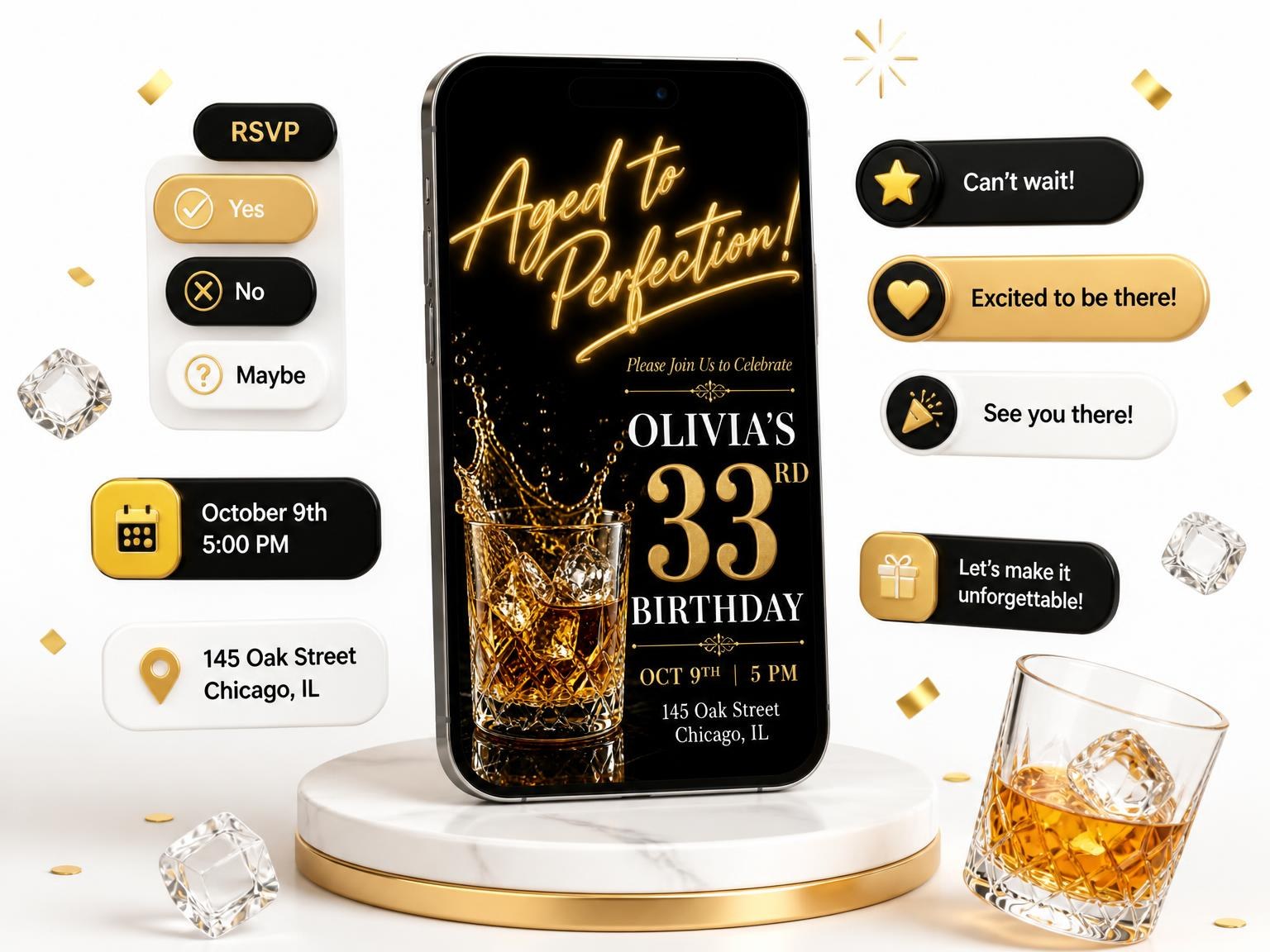 The Whiskey Tumbler 33rd Birthday Invitation invitation on a phone, with guest RSVPs arriving around it