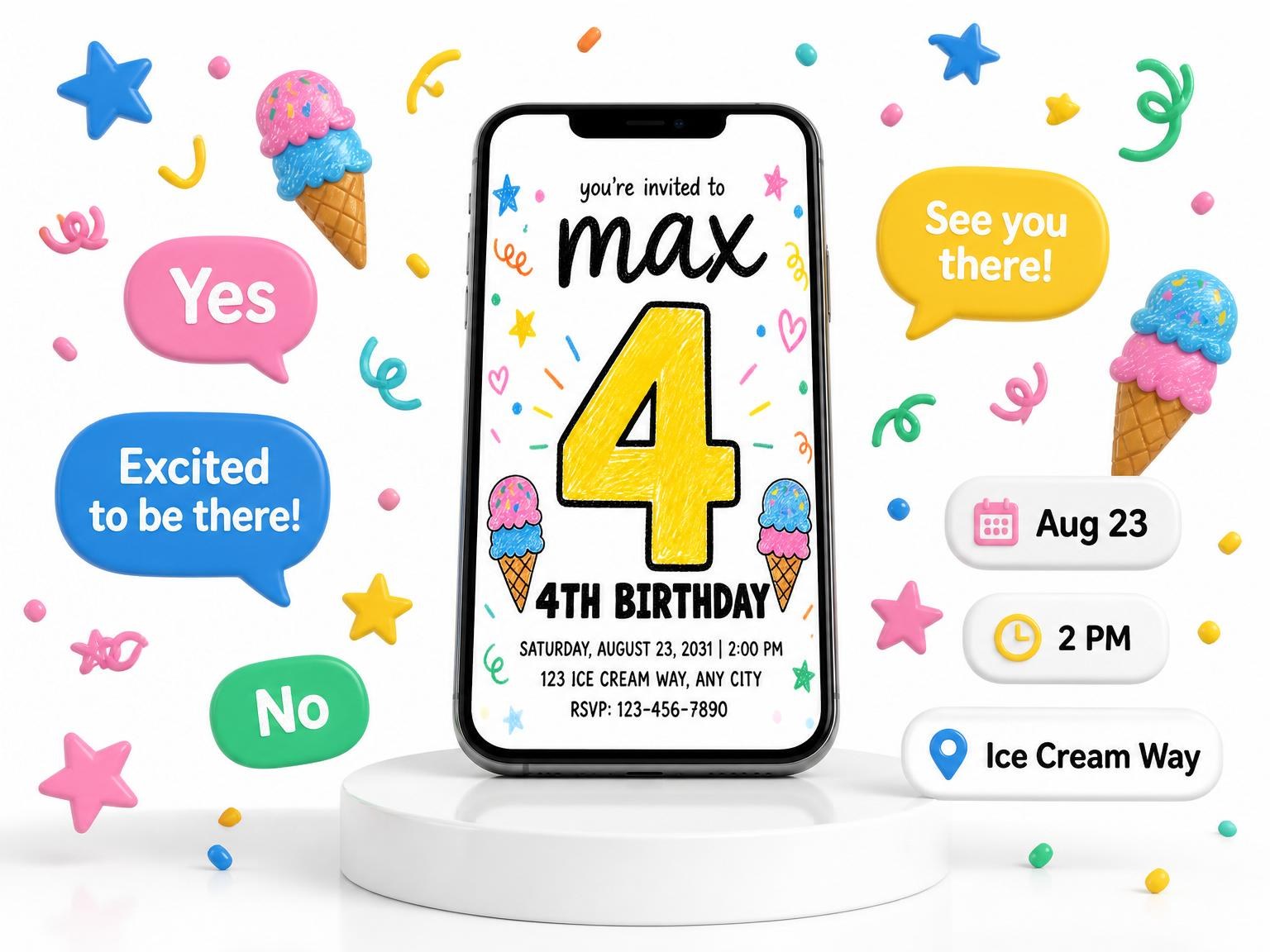 The Crayon Ice Cream 4th Birthday invitation on a phone, with guest RSVPs arriving around it
