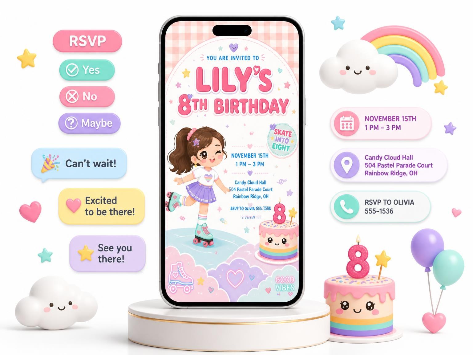 The Kawaii Roller Skater 8th Birthday Invitation invitation on a phone, with guest RSVPs arriving around it