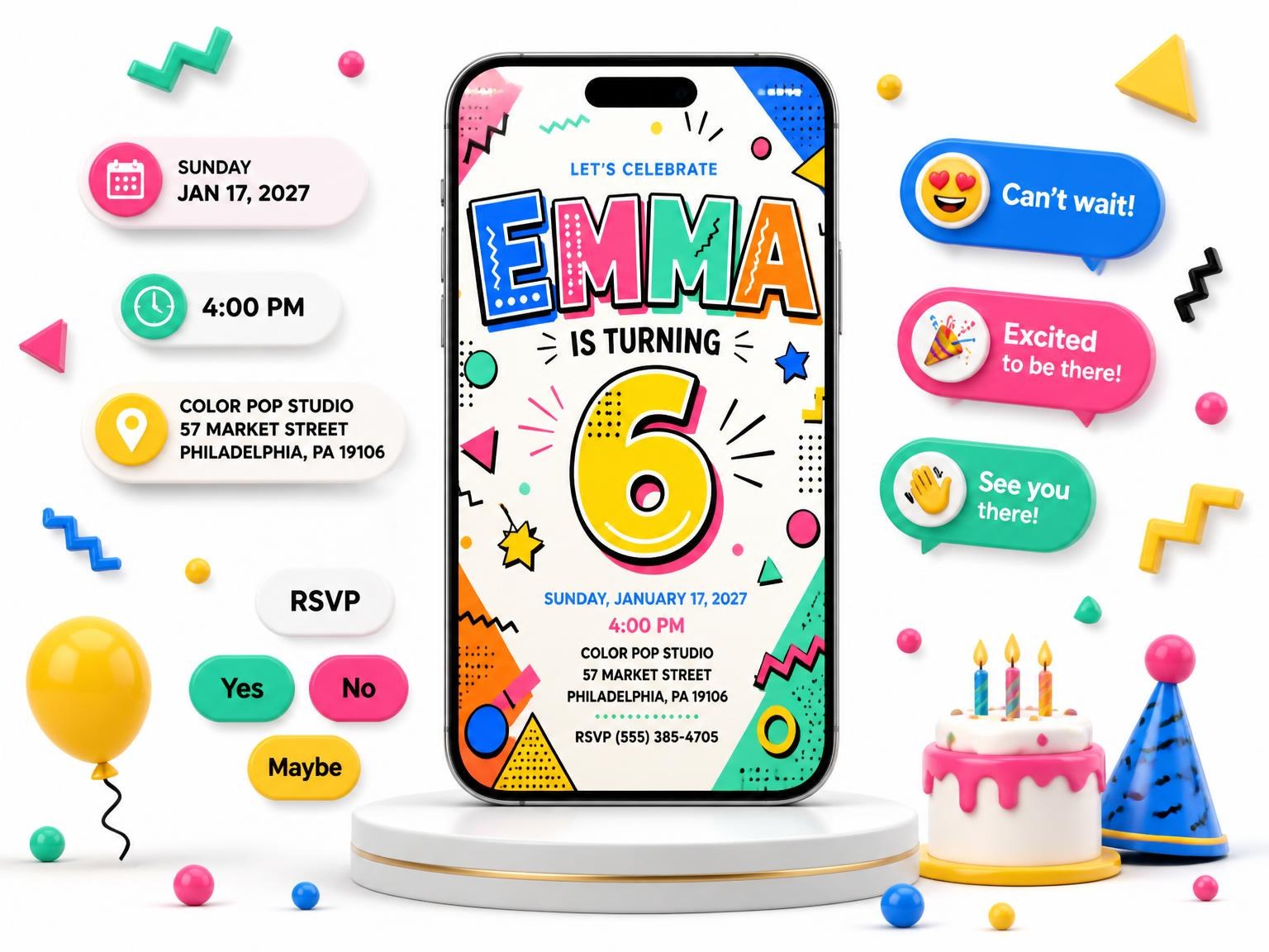 The Memphis Pop 6th Birthday Invitation invitation on a phone, with guest RSVPs arriving around it