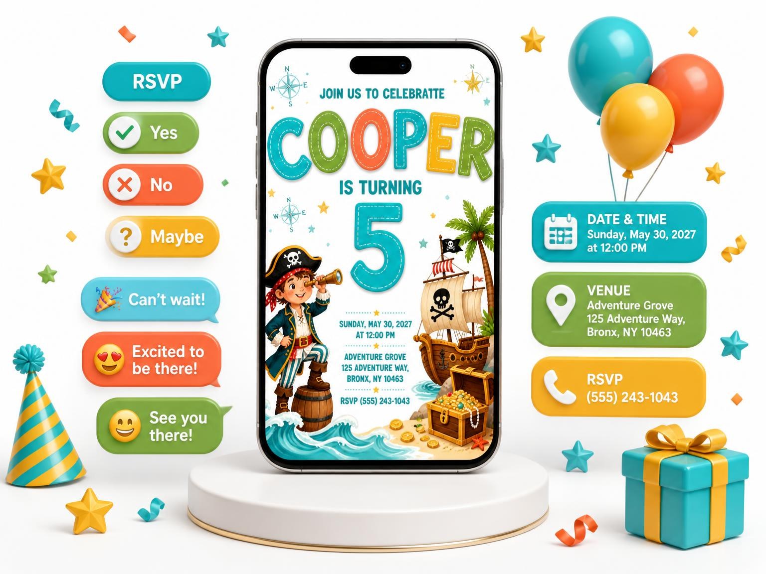The Stitched Pirate Island 5th Birthday Invitation invitation on a phone, with guest RSVPs arriving around it