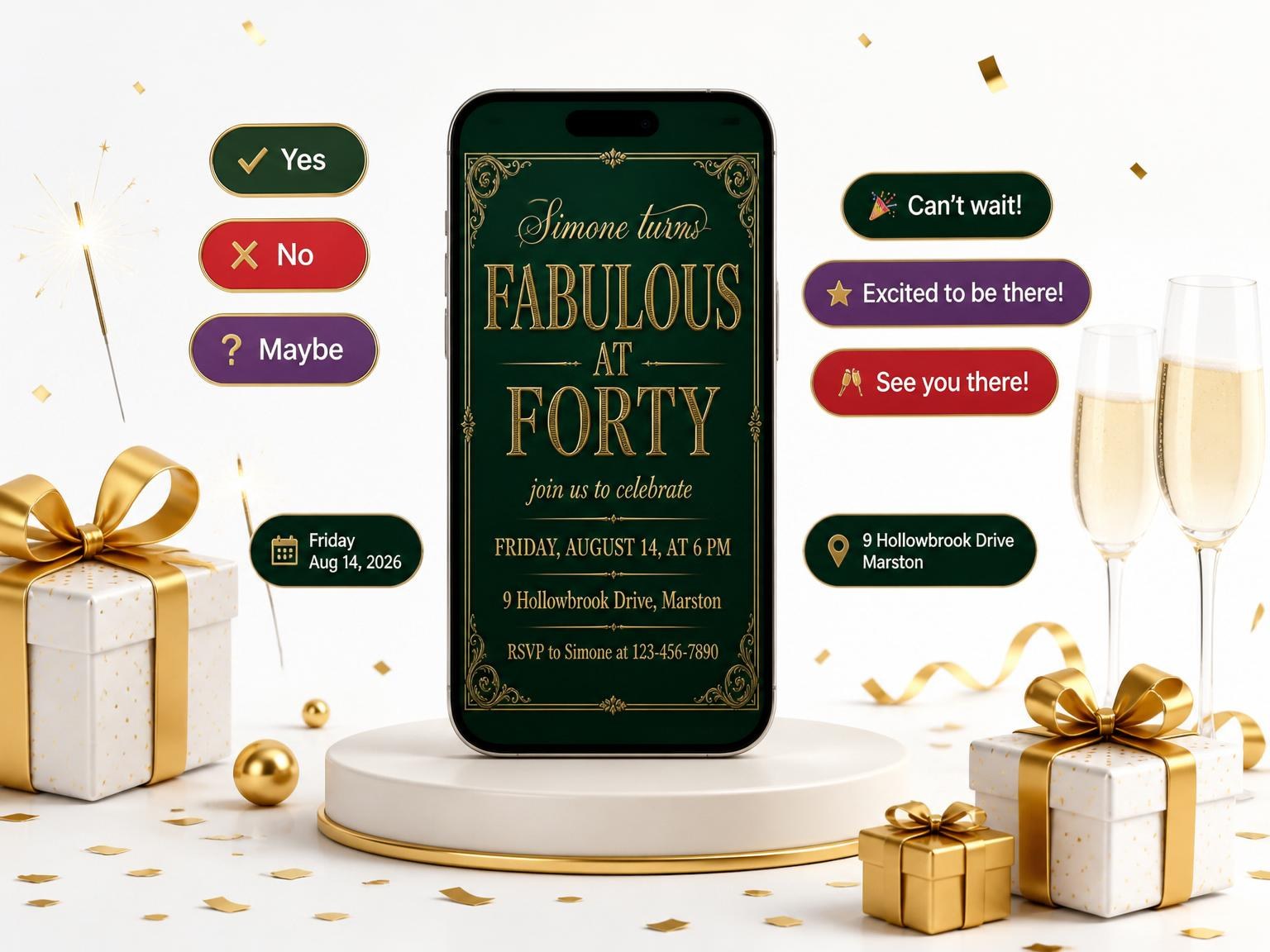 The Emerald Gold Victorian 40th Birthday invitation on a phone, with guest RSVPs arriving around it