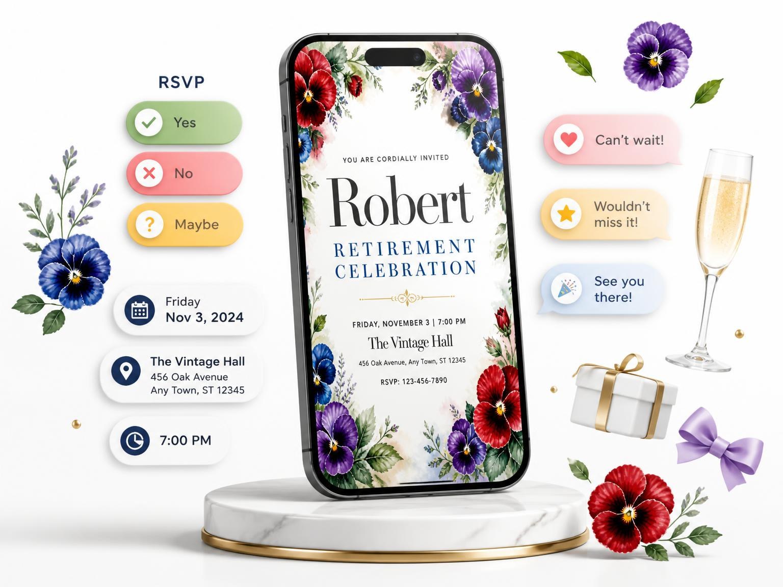 The Pansy Floral Retirement Party Invitation invitation on a phone, with guest RSVPs arriving around it